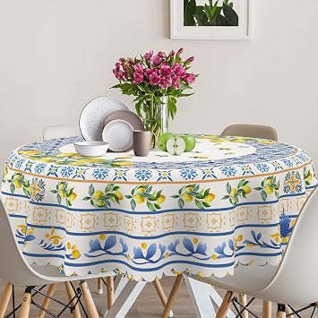 Lemon Round Tablecloth 60 inches - Mediterranean Summer for Home - Water Resistant Lemon Table Cloth Summer Decor for Home, Table, Party