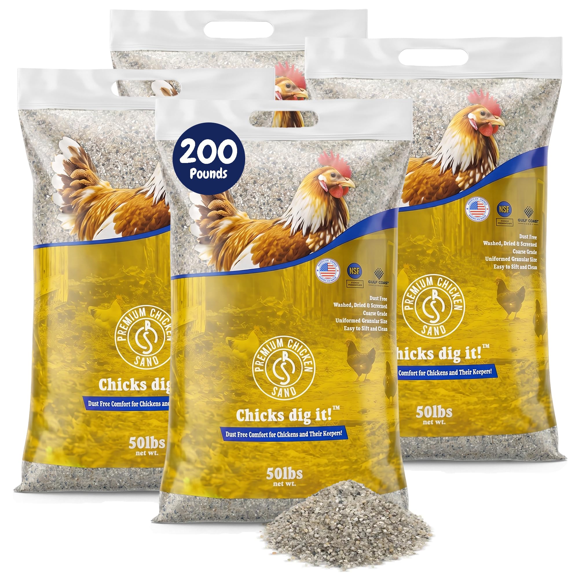 Premium Chicken Sand 50 lbs (4-Pack) – Dust-Free, Odor-Control Bedding for Chicken Coops, Nesting Boxes, and Runs – Natural Poultry Litter, 200 lbs Total