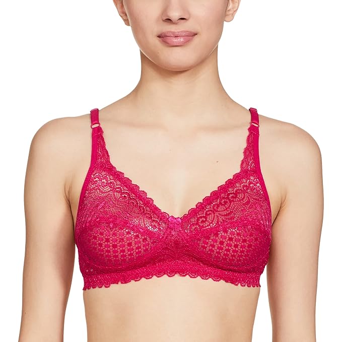 Women's Lace Solid Non-Padded Full Cup Wire Free Bra - Light Red
