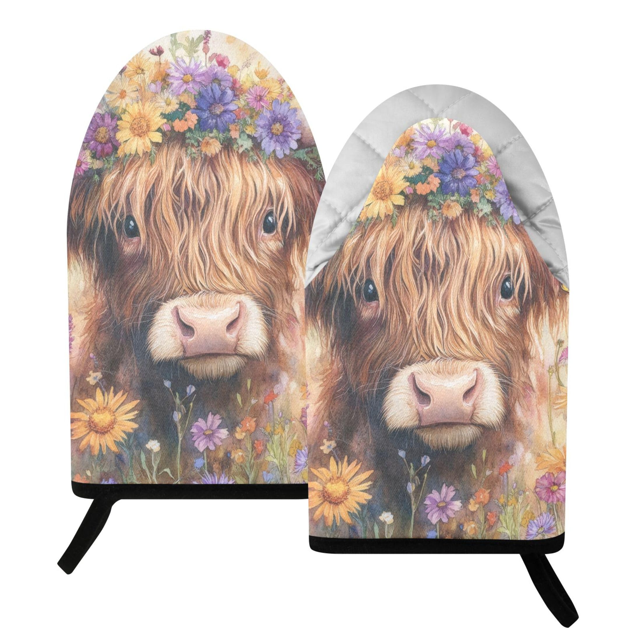 Kutsu Highland Cow with Flowers Oven Mitts for Kitchen, Heat Resistant Cotton Oven Gloves for BBQ Baking Cooking, Breathable Kitchen Essentials, 2 pcs