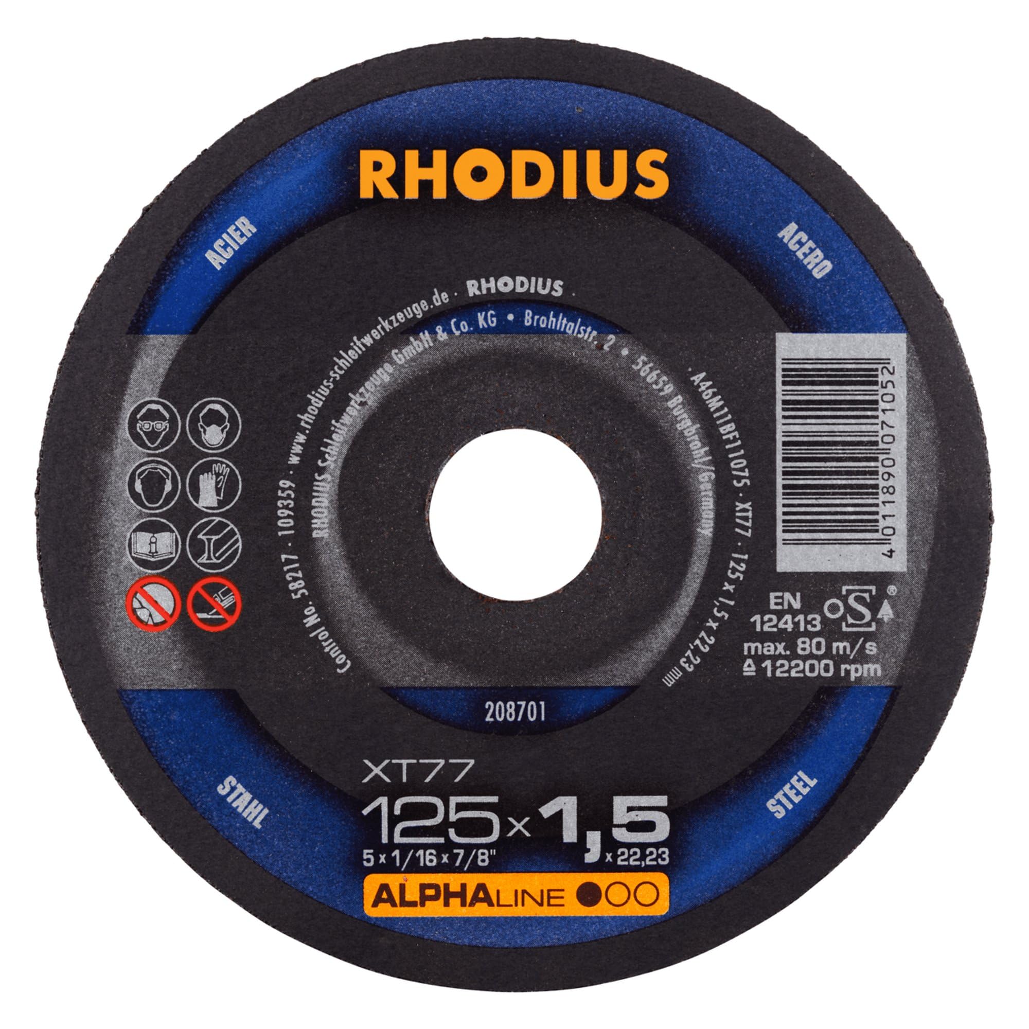 Rhodius XT77 Lot de 100 disques à tronçonner pour acier 125 x 1,5 mm