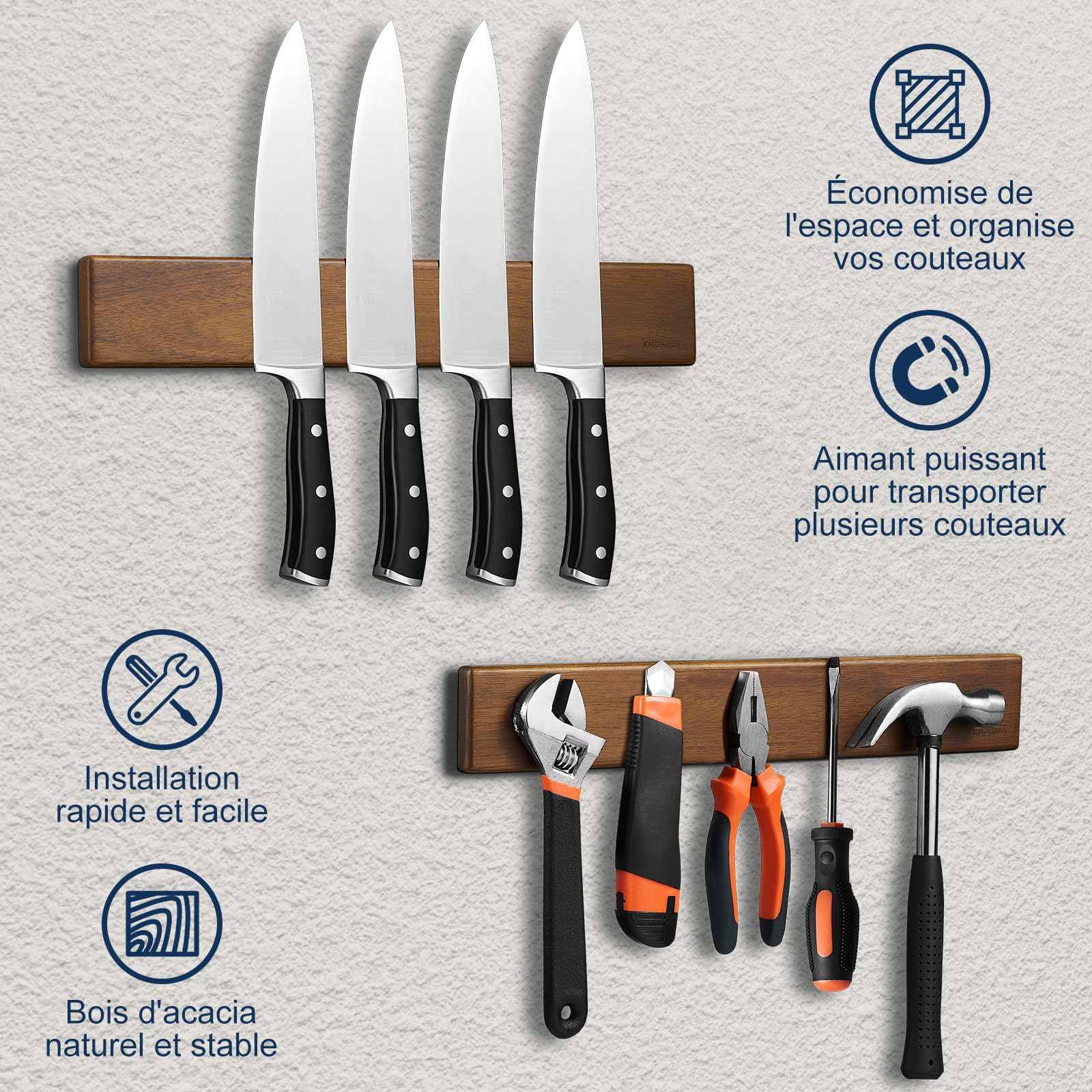 ENOKING Porte Couteaux Aimanté, Barre Aimantée Porte Couteaux de Cuisine avec 4 Crochets, 40cm Porte Couteaux de Cuisine Mural en Bois avec Aimant Extra Puissant pour range couteaux
