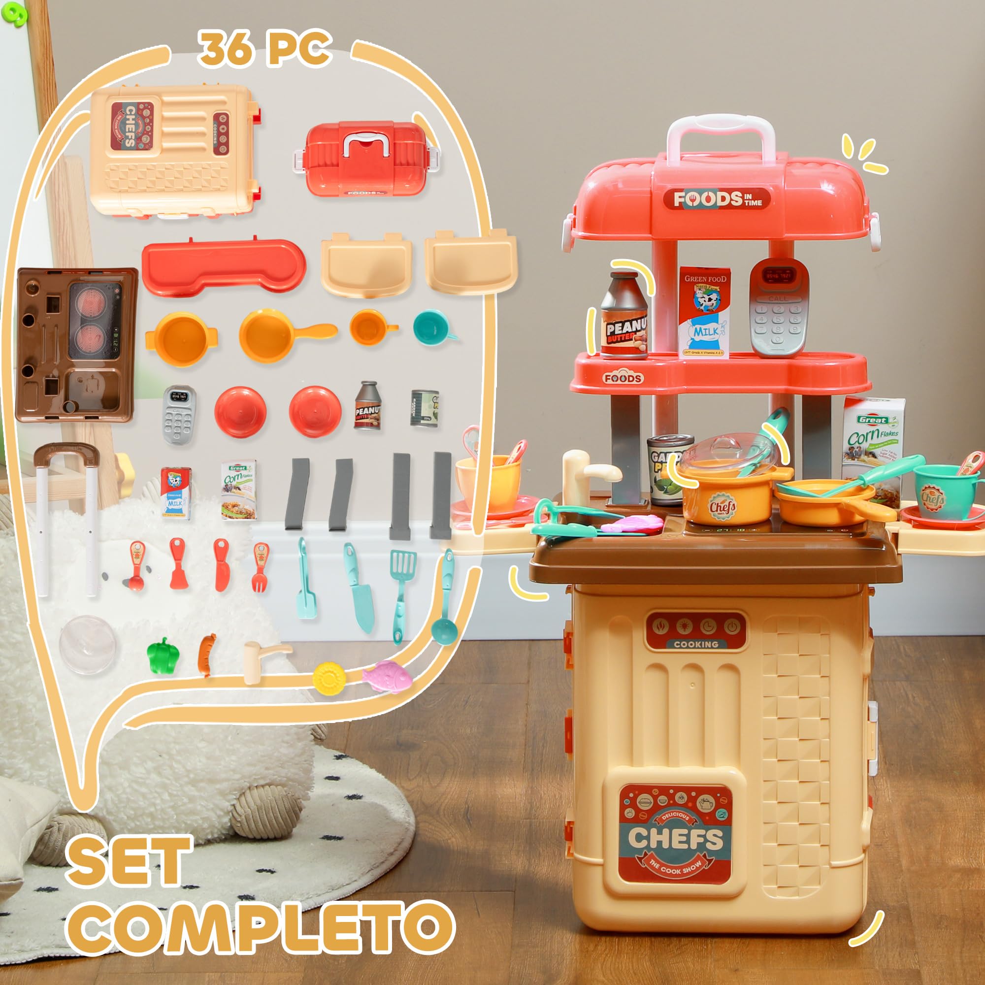 AIYAPLAY Gioco per Bambini 3 in 1 da 36 Pezzi con Tavolo per Posate, Tavolo da Pranzo e Trolley, Cucina Giocattolo in PP e ABS, 48x26x64 cm, Multicolore