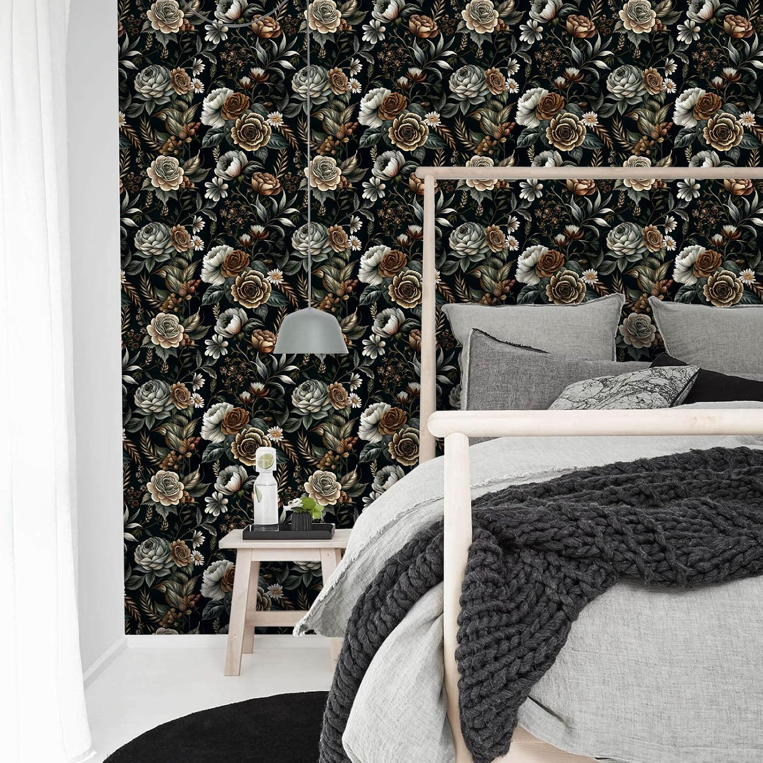 Dark Vintage Floral Peel and Stick Wallpaper, Self-Adhesive Removable Waterproof Contact Paper, Retro Peony Rose Wallpaper for Bedroom Accent Wall Furniture Makeover, Renter Friendly,17.3" x 120"