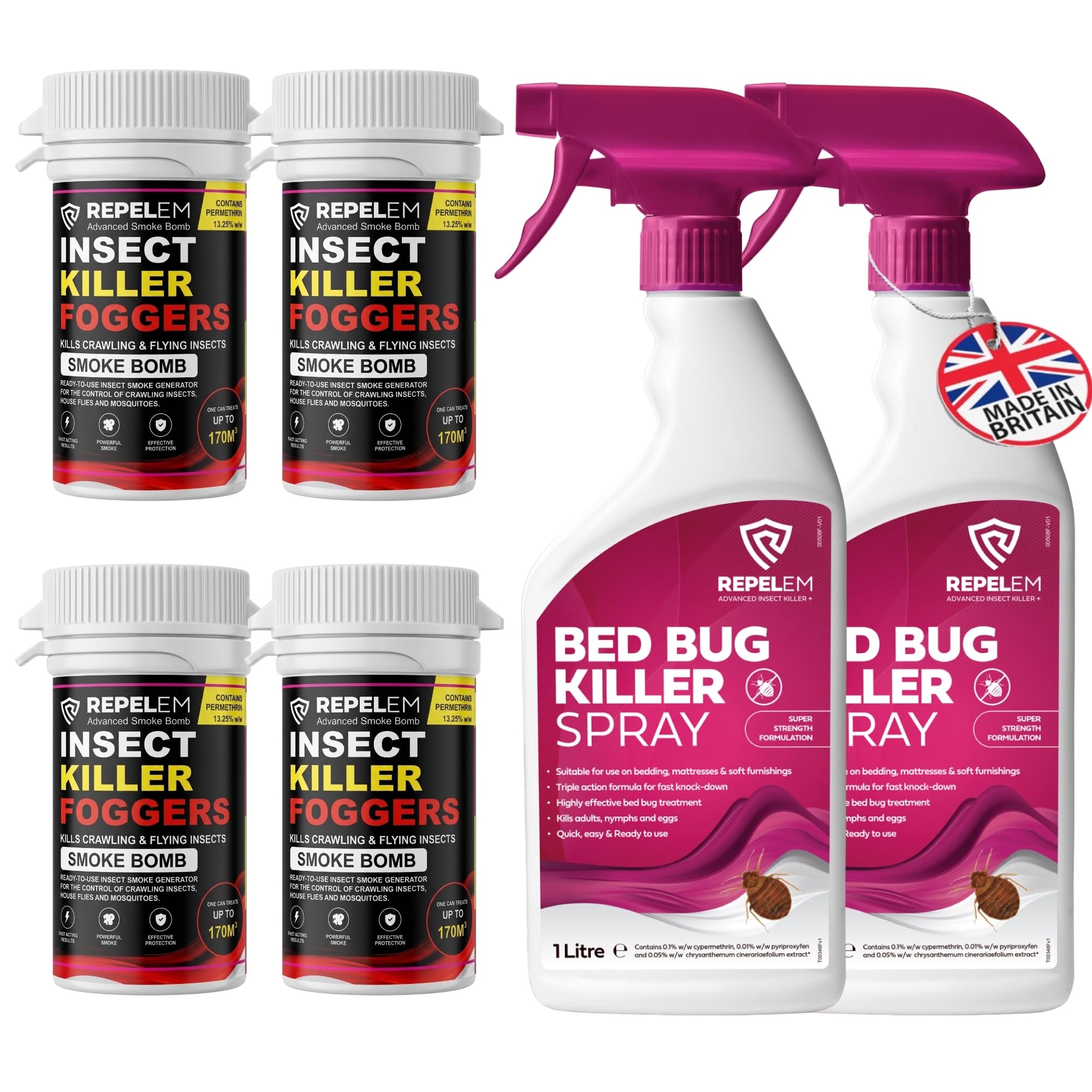 REPELEM Bed Bug Spray for Mattresses - Strong Killer, 2L + 4 Smoke Bombs