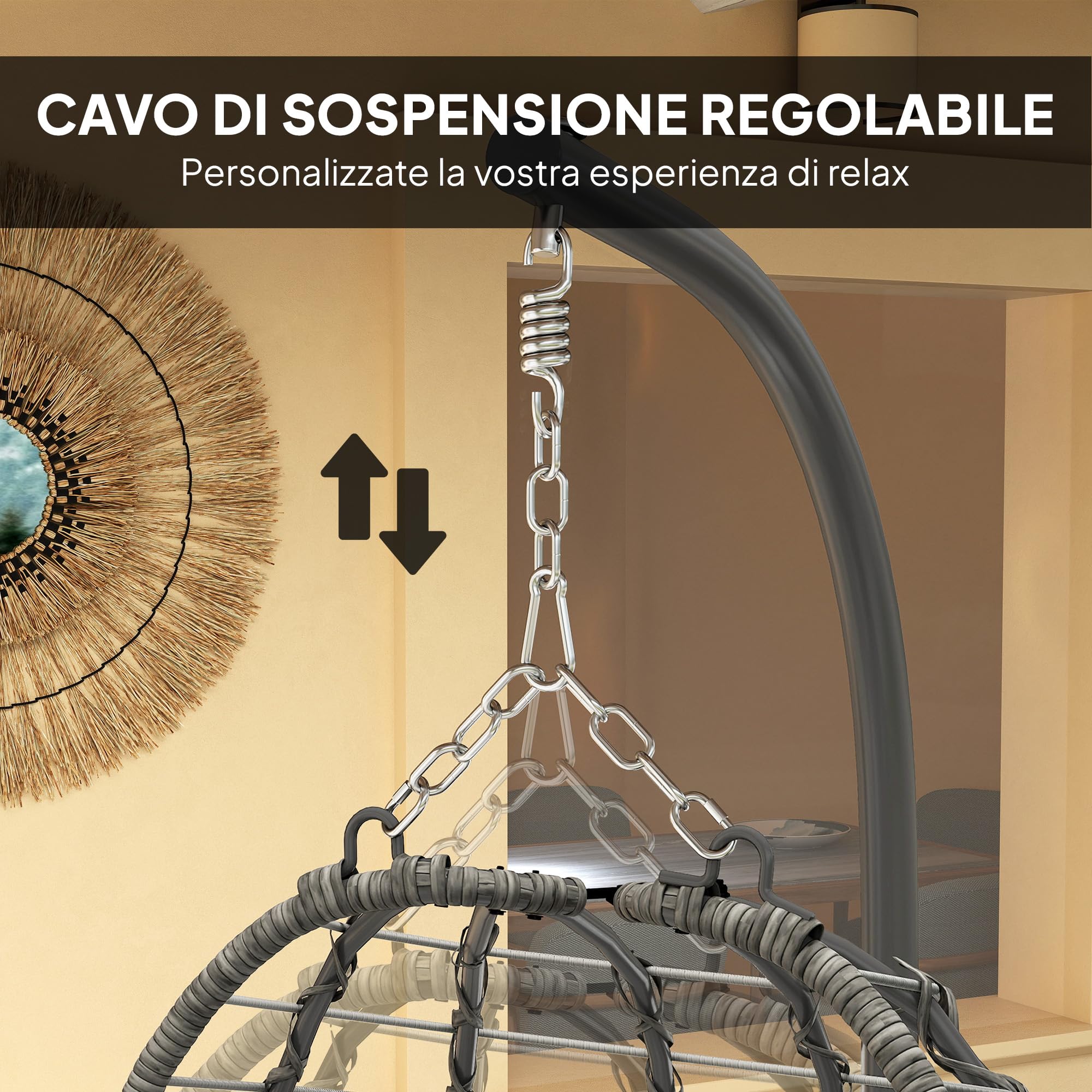 Outsunny Poltrona Sospesa a Uovo in Rattan, da Giardino Grigio Chiaro | con Gancio, Cuscini Imbottito e Poggiatesta, Sedia a Dondolo Pieghevole, Base a X in Acciaio, per Interni ed Esterni