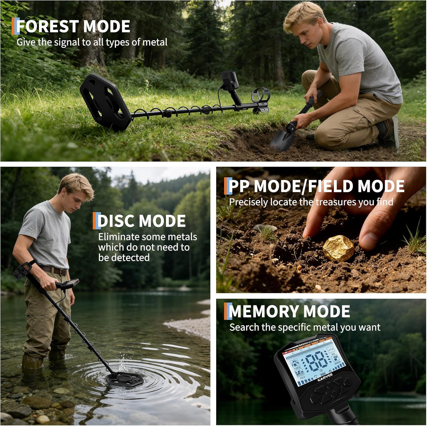 Adult Professional Metal Detector with 5 Detection Modes, IP68 Waterproof Coil, Large Backlit LCD Display, High-Accuracy Gold & Coin Finder for Beach Treasure Hunting, Easy for Beginners, Black