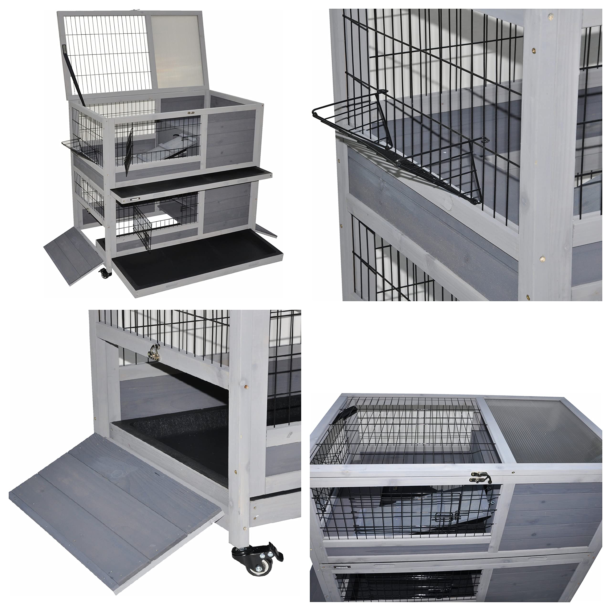 Kleintierstall Meerschweinchen Hamster Stall Hasenstall Indoor 90x53x95 cm – mit Zwei Schubladen, 2 Seitentüren, Höhle und praktischen Rollfüßen - grau