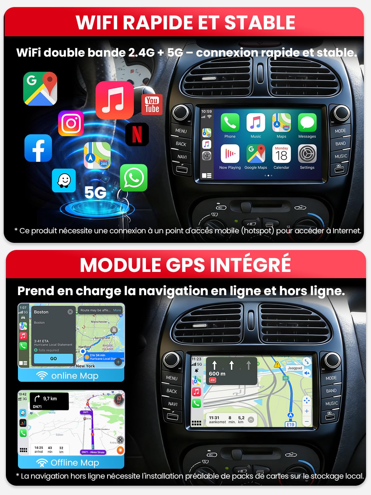 Autoradio Double DIN avec Écran pour Peugeot 206 (1998-2009), CarPlay & Android Auto sans Fil, Écran Tactile Auto 7", 4 Go+64 Go, Bluetooth WiFi 5 GHz Dab+ FM AUX GPS