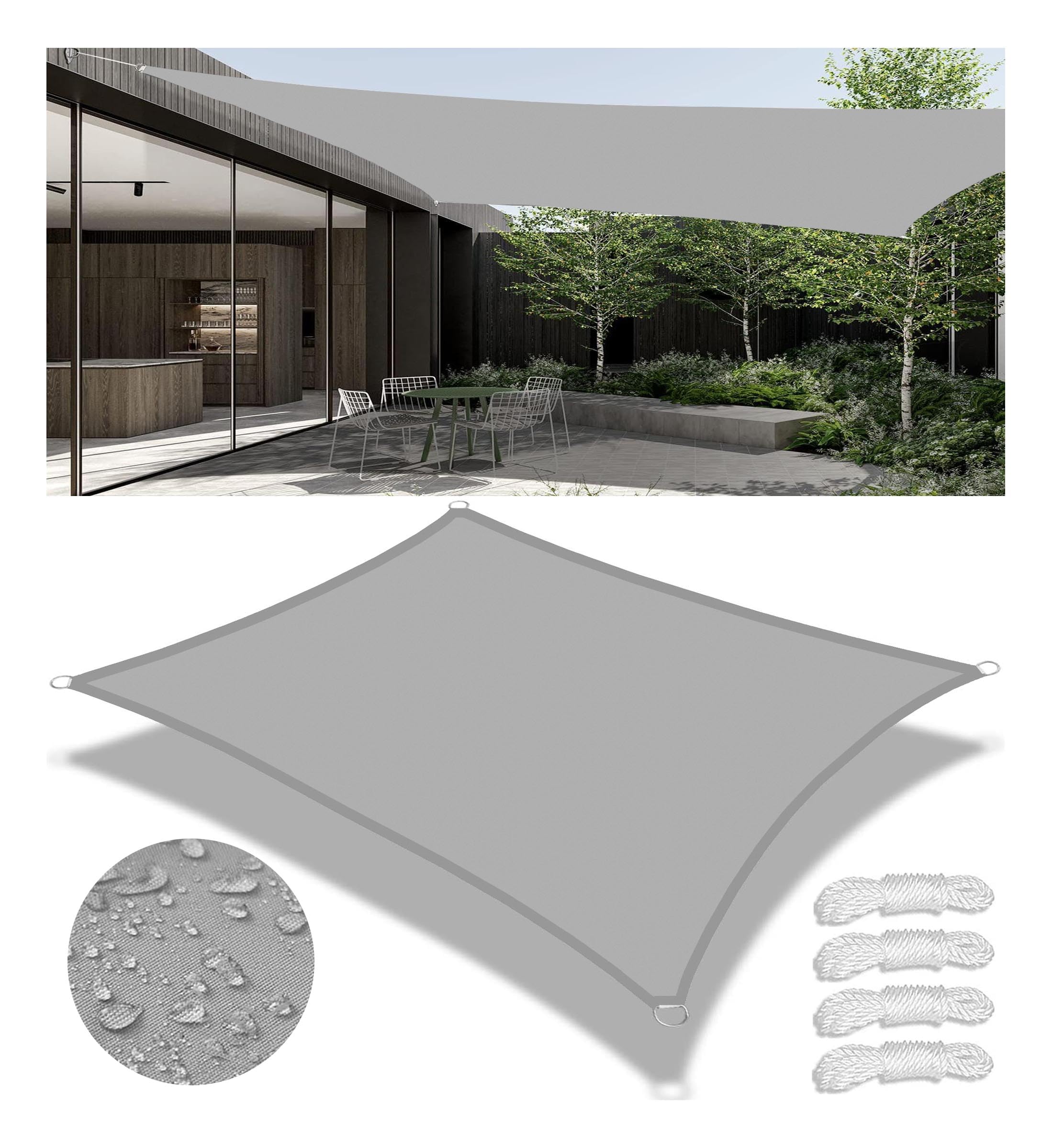 Tenda a Vela Parasole Vela Ombreggiante Rettangolare Impermeabile Tenda a Vela Giardino Protezione UV Tende da Sole con Anello D e Corda per Esterno Giardino Grigio Chiaro 3x4M