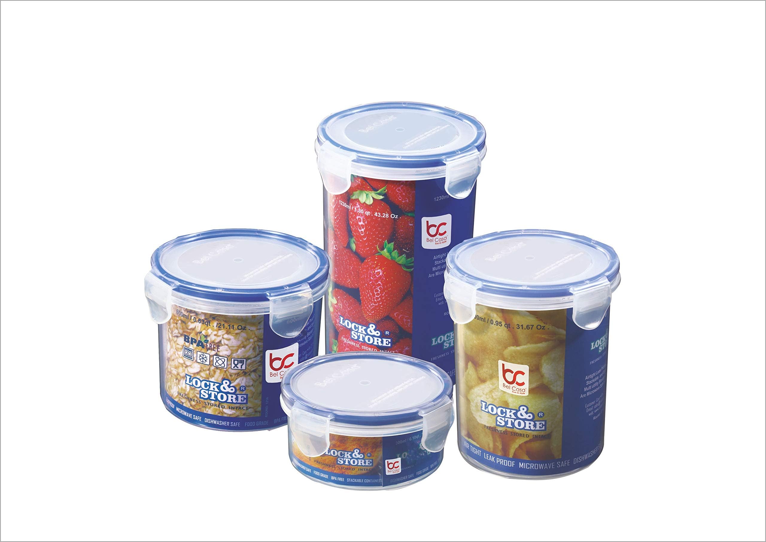 Bel Casa Lock & Store Silicon-Sealed, Clip-Lock Premium Plastic 4 Piece Microwave Safe Kitchen Food Storage Container Set