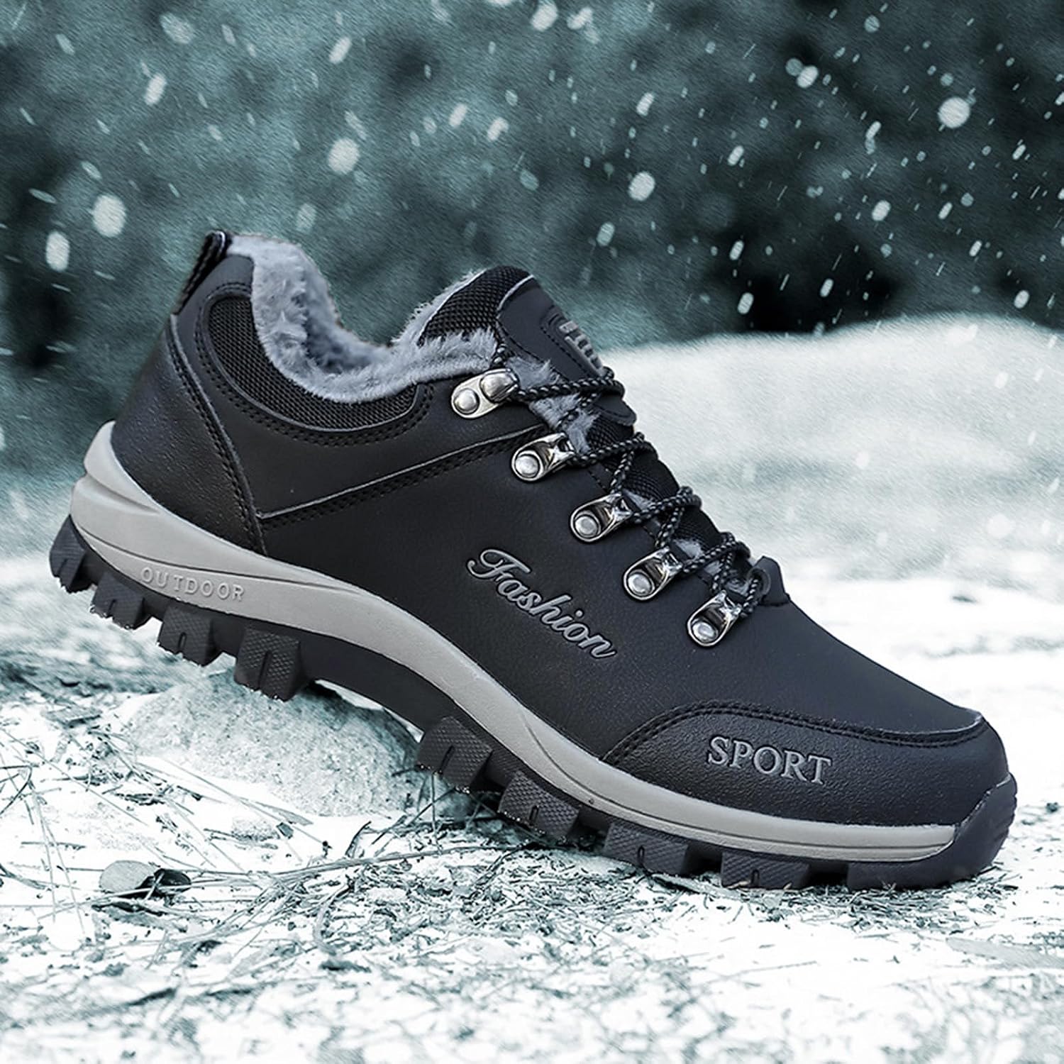 Men’s Warm Fur Lined Non-Slip Hiking Sneakers Winter Low Top Lace-up Slip-on Casual Comfort Platform Waterproof Sports Walking Cotton Shoes