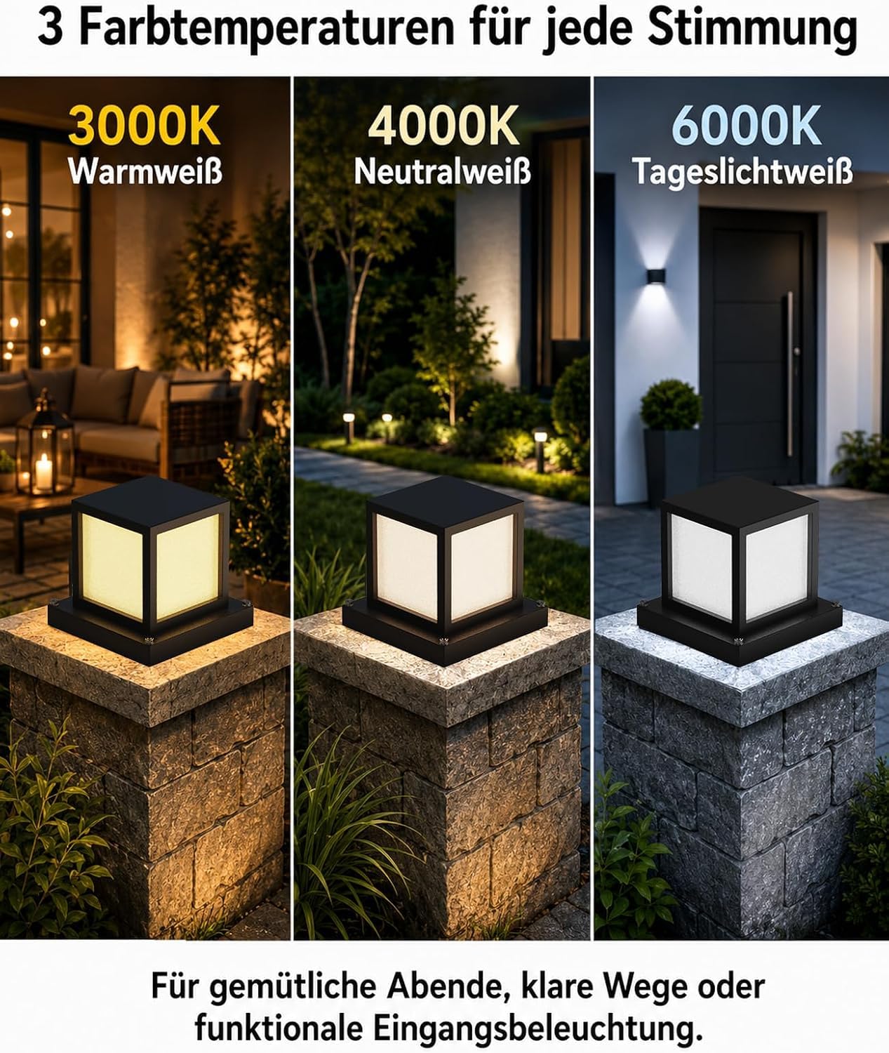 Sockelleuchte Außen 15W LED IP65 Metall E27 Gartenlampe 3 Farbtemperaturen 3000K/4000K/6000K Wegeleuchte Schwarz