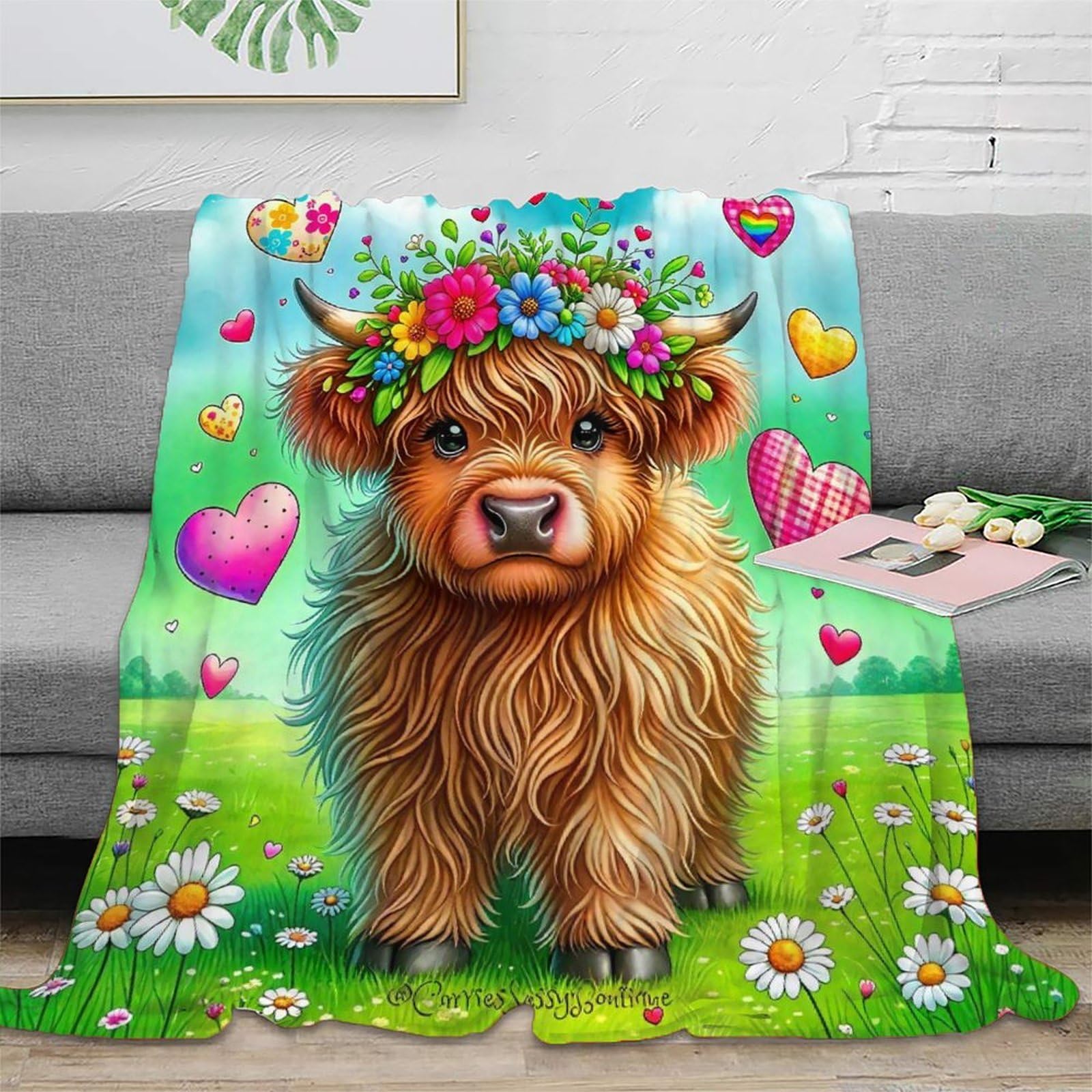 Couverture Highland Cattle en microfibre 150x200cm pour lit et canapé