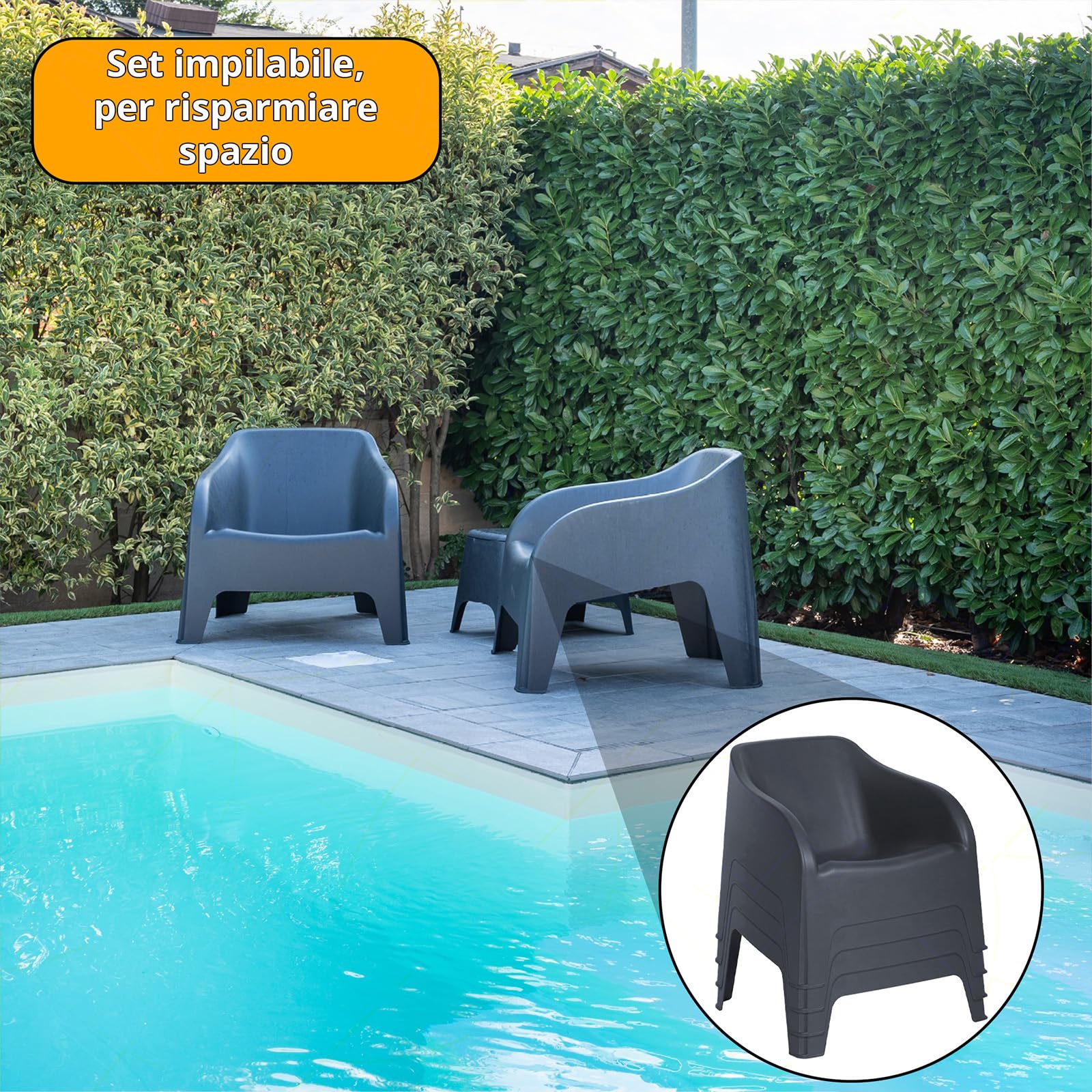 Sicignano | Poltrona con Braccioli da Giardino, in Resina, 79x76.5x70h cm - Impermeabile, Compatta, Facile da Pulire, Arredo Esterno Giardino Terrazzo, Made in Italy (1 Poltrona Antracite)