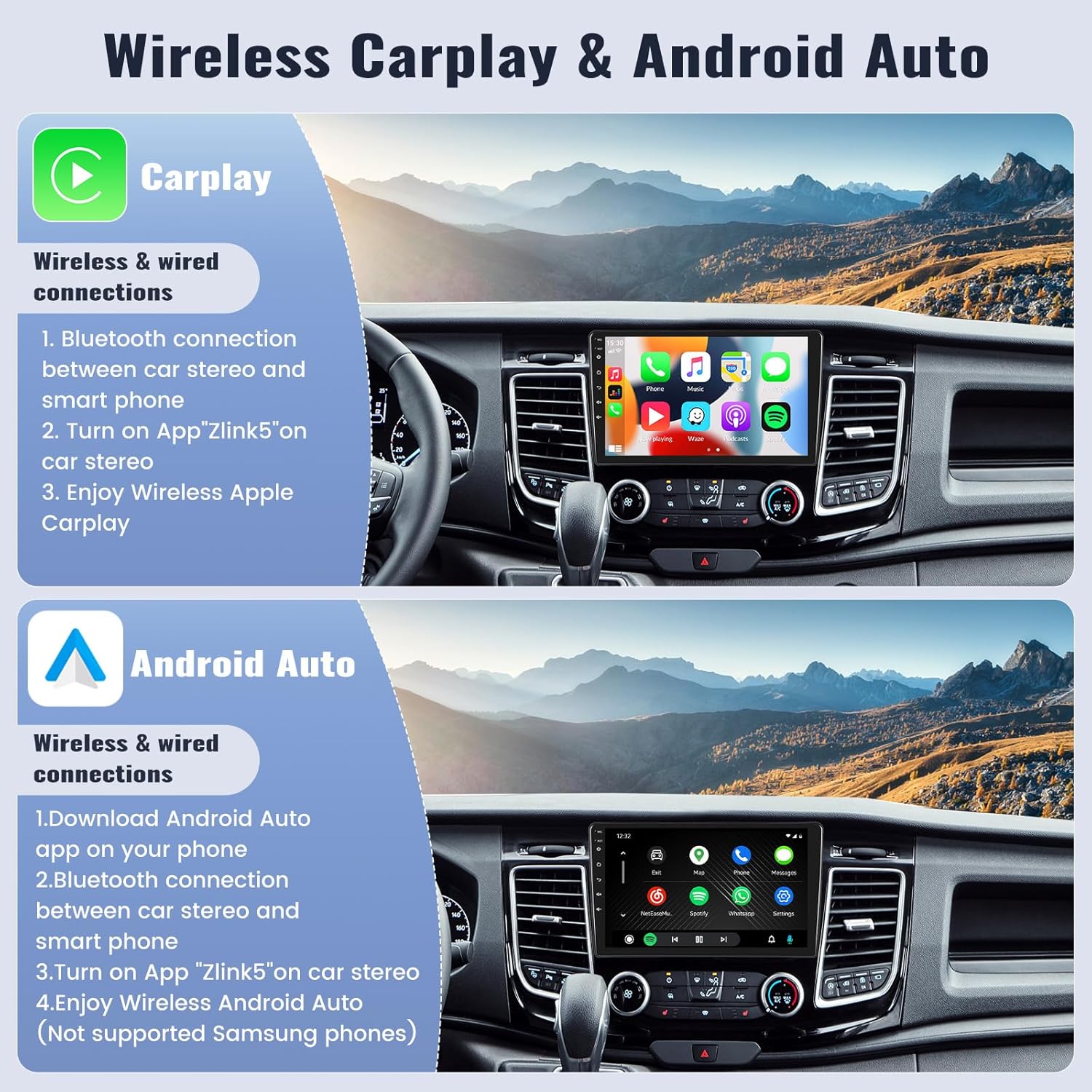 Android Car Stereo for Ford Transit 350 2018-2024 10.1 Inch Touchscreen with Wireless CarPlay and Android Auto Mirror Link 28UI Bluetooth GPS Navigation WiFi FM Backup Camera MIC 2G 64G