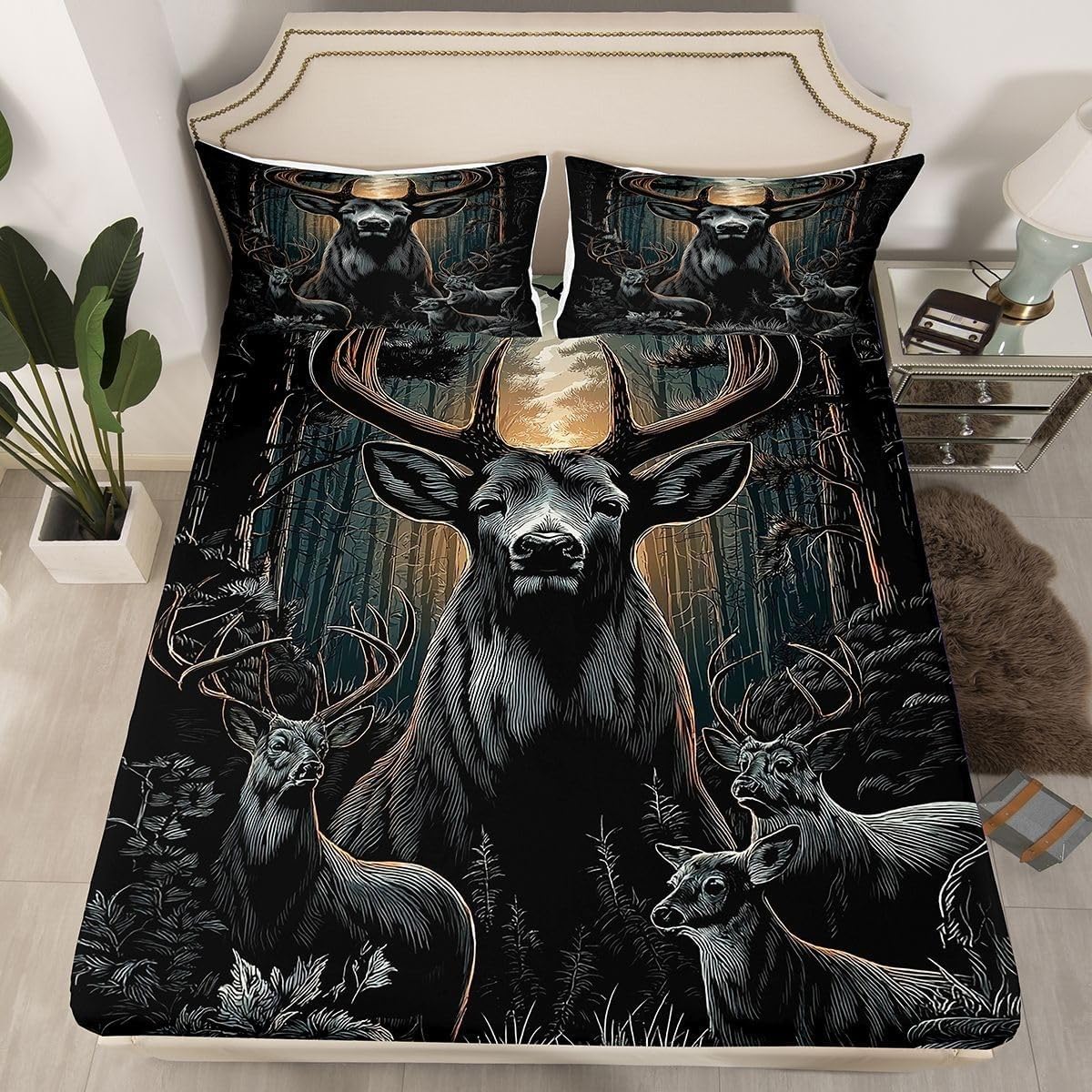 Forest Double Fitted Sheet Deer Bed Sheets Deep Pocket 12 inch (30 cm) Soft Cozy 3 Piece Microfibre Bed Sheet 135x190 cm with 2 Pillowcases 50x75 cm