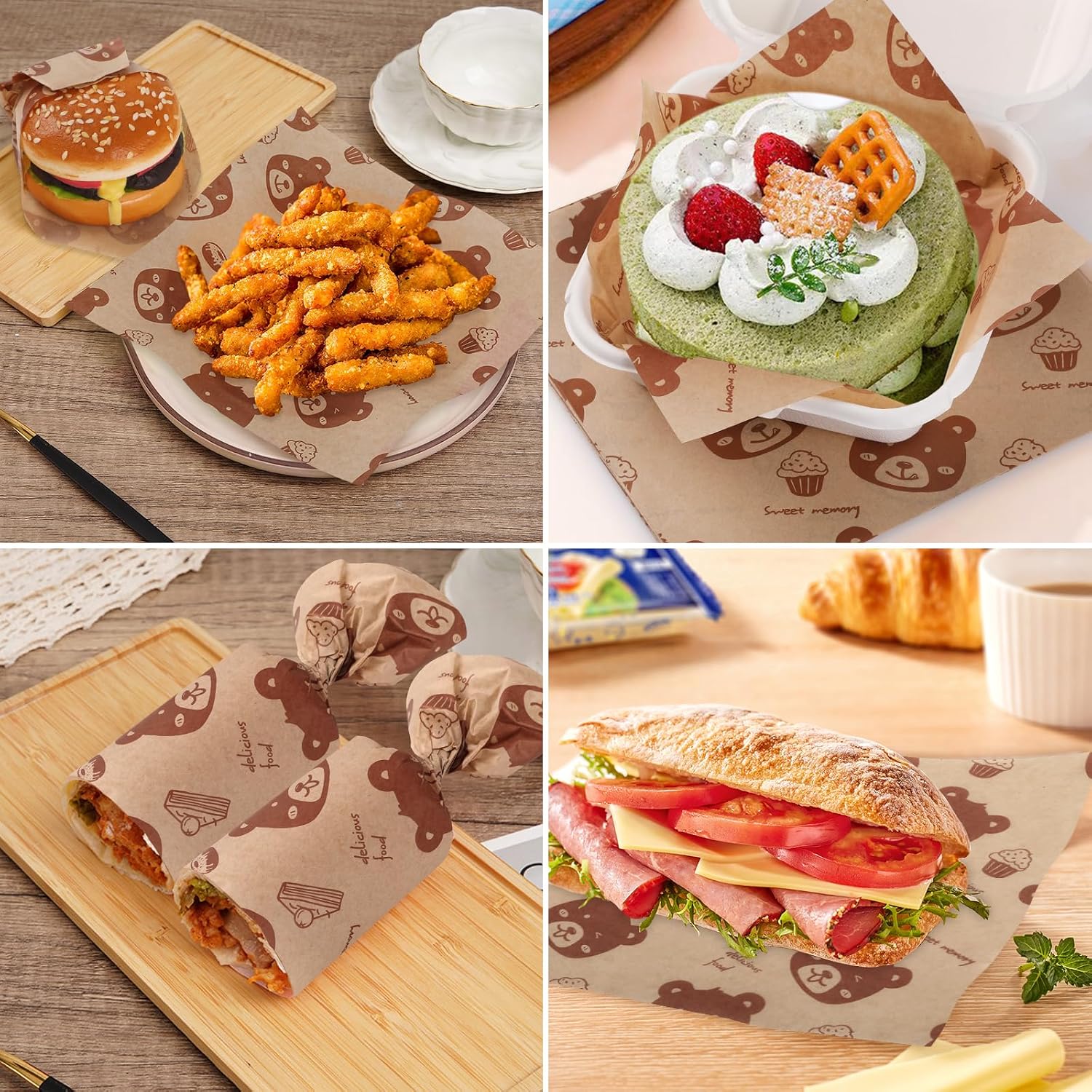 GeeRic Waxed Deli Paper Sheets 100 Pcs, 7 * 7 Inch Food Basket Liners for Sandwiches, Burgers, Brown Wax Paper Sheet for Food Bear Print image 5