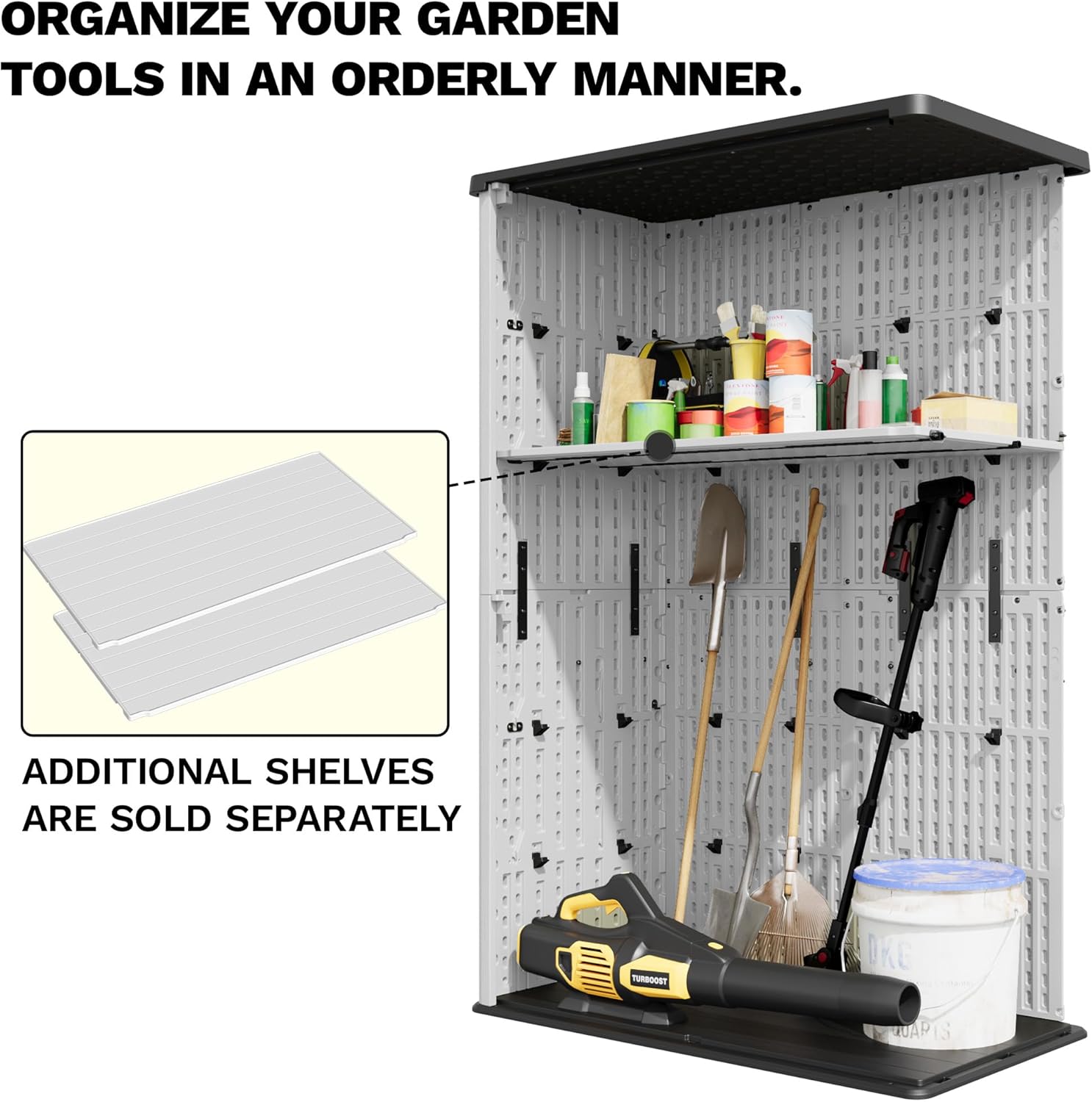 Devoko 50 Cu.ft Outdoor Vertical Resin Storage Shed interior with shelves and tools