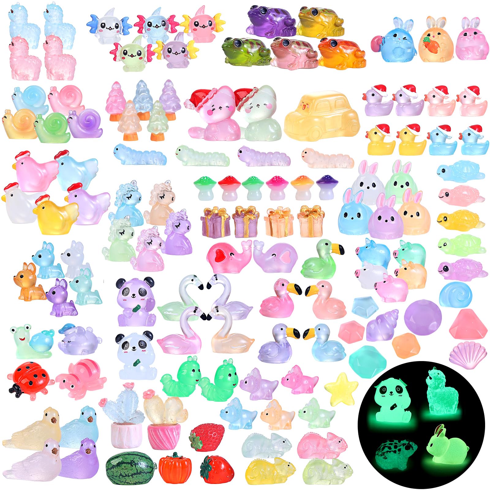 EKisemio 130pcs Luminous Mini Resin Animals Figures to Hide Miniature Figurines Glow in The Dark for Miniature Fairy Garden Accessories Micro Landscape Aquarium Ornaments Kit Dollhouse Decor Crafts