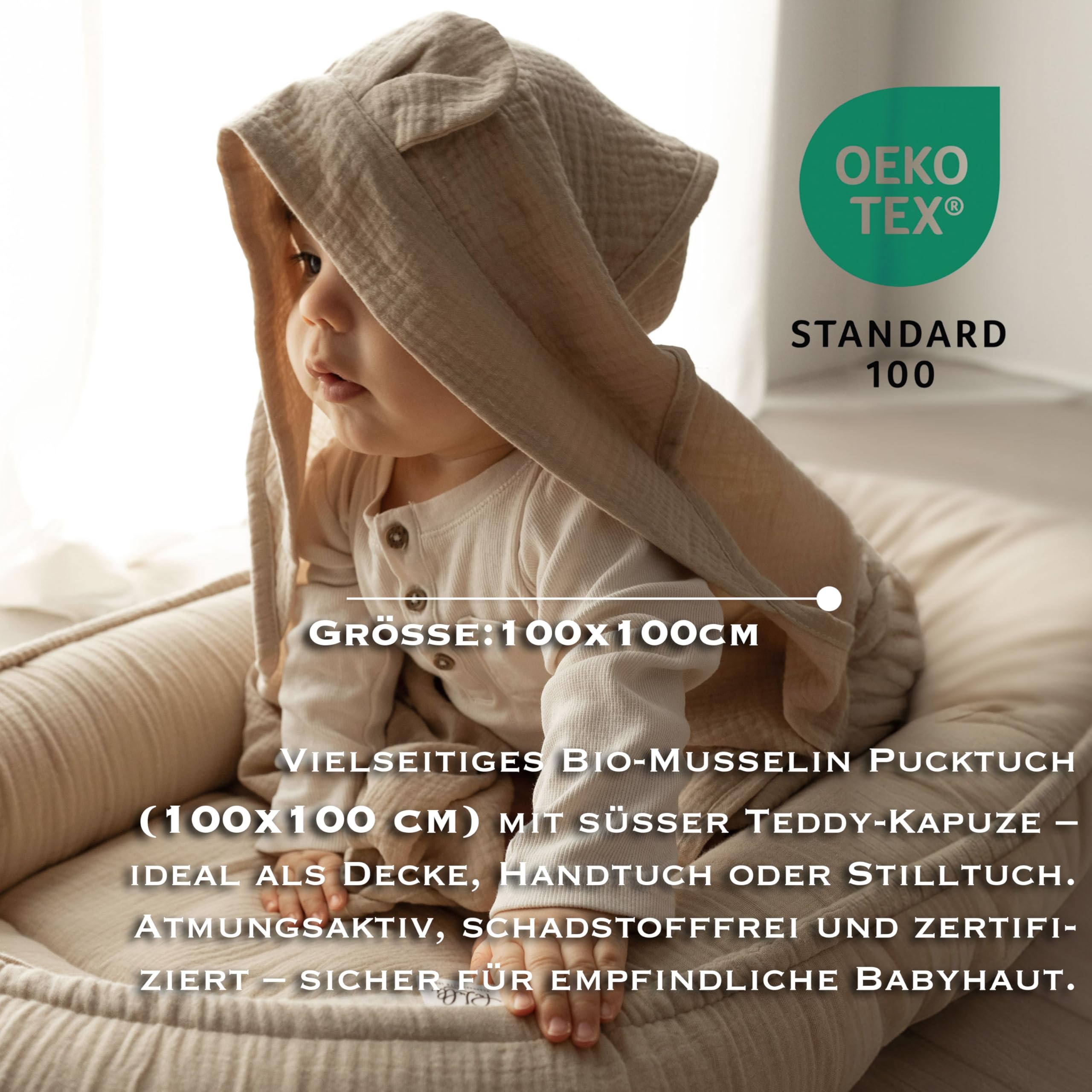 PaLulli® 2-stronne muślinowe gniazdo niemowlęce z chustką, oddychający muślin – ręcznik z kapturem i wszytymi uszami, 100% muślinu Oeko Tex, przytulne gniazdo kokon do łóżeczka dziecięcego (beżowy)