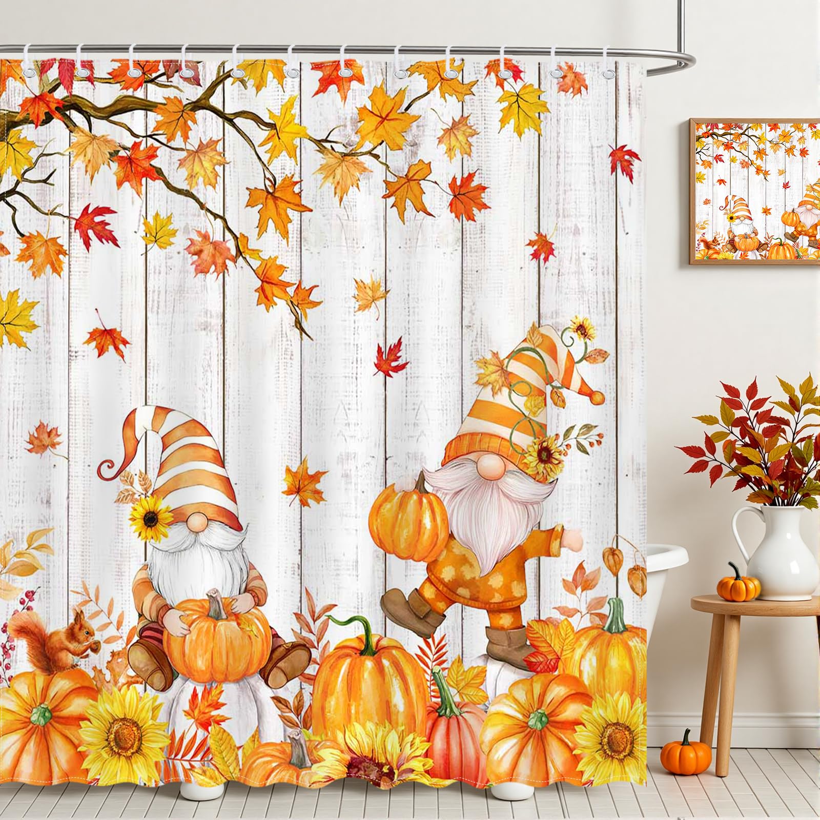 Avezano Autumn Gnome Shower Curtain Autumn Pumpkin Maple Leaves Shower Curtain Fall Gnome Thanksgiving Waterproof Fabric Shower Curtains Bathtub Decor with 12 Hooks 72 X 72 Inch