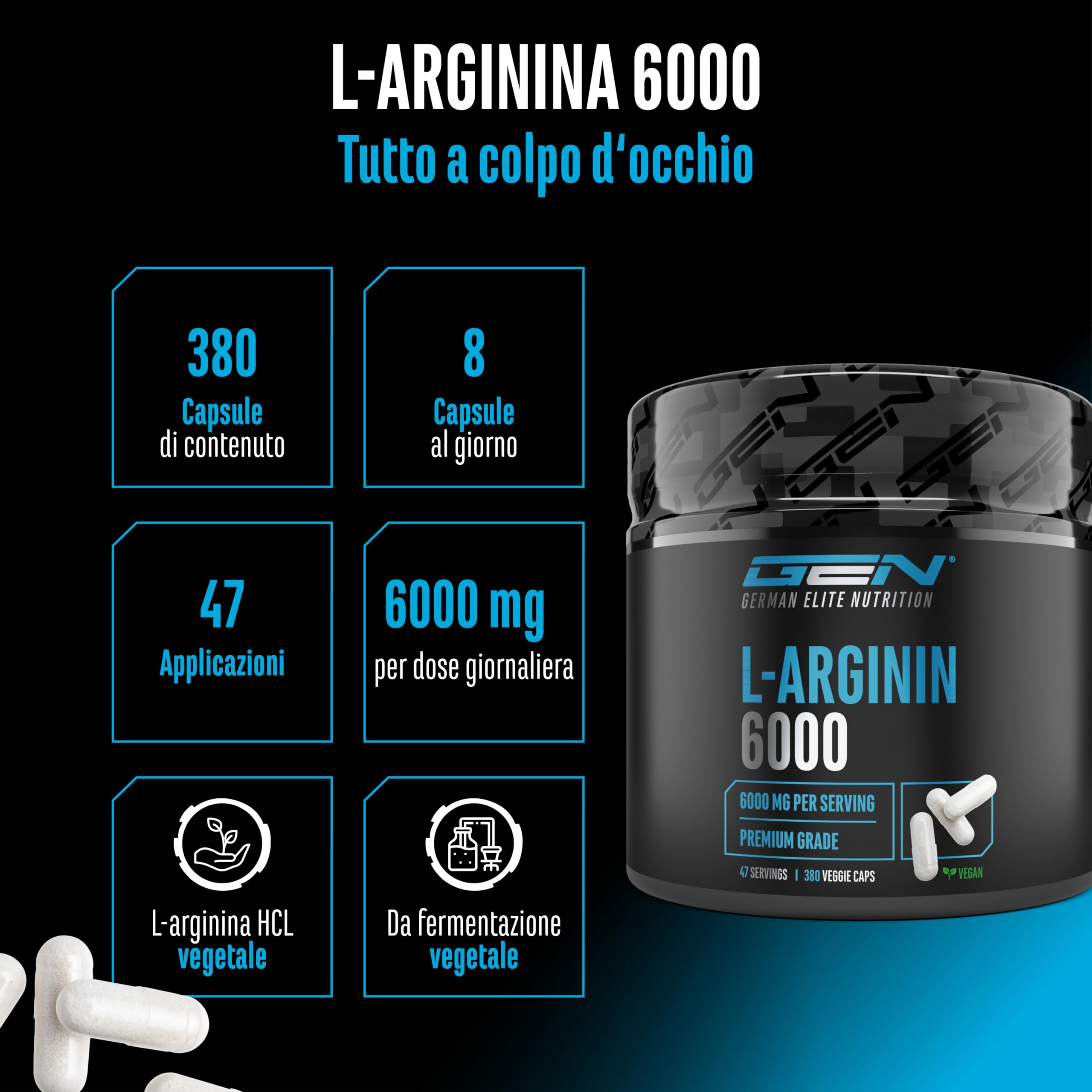 L-Arginin – 380 capsule vegane – 6000 mg di L-arginina HCL per porzione giornaliera con 4980 mg di arginina pura – Amminoacido ad alto dosaggio di origine vegetale
