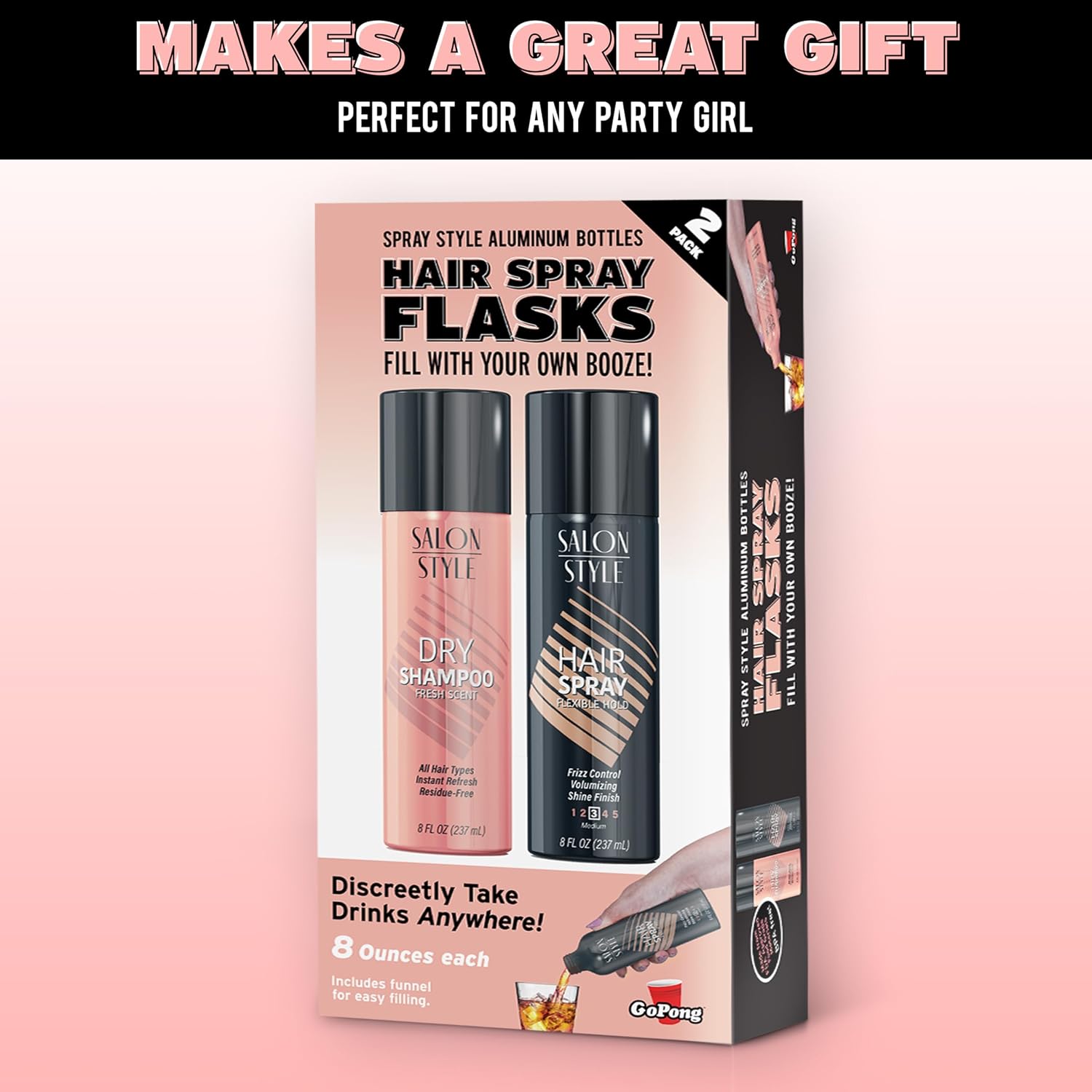 GoPong Hair Spray Flask 2 Pack (16 oz Total) - Hidden Alcohol Travel Flasks for Women - Secret Liquor Containers for Nightclubs, Festivals, Cruises, and Sports Events – Includes Funnel & Spout