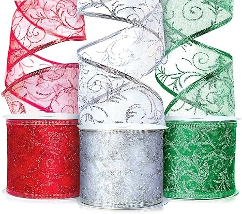 Cinta de Navidad para envolver regalos, juego de 2.5 pulgadas, alambre de cinta roja, verde y plateada con purpurina de organza transparente para