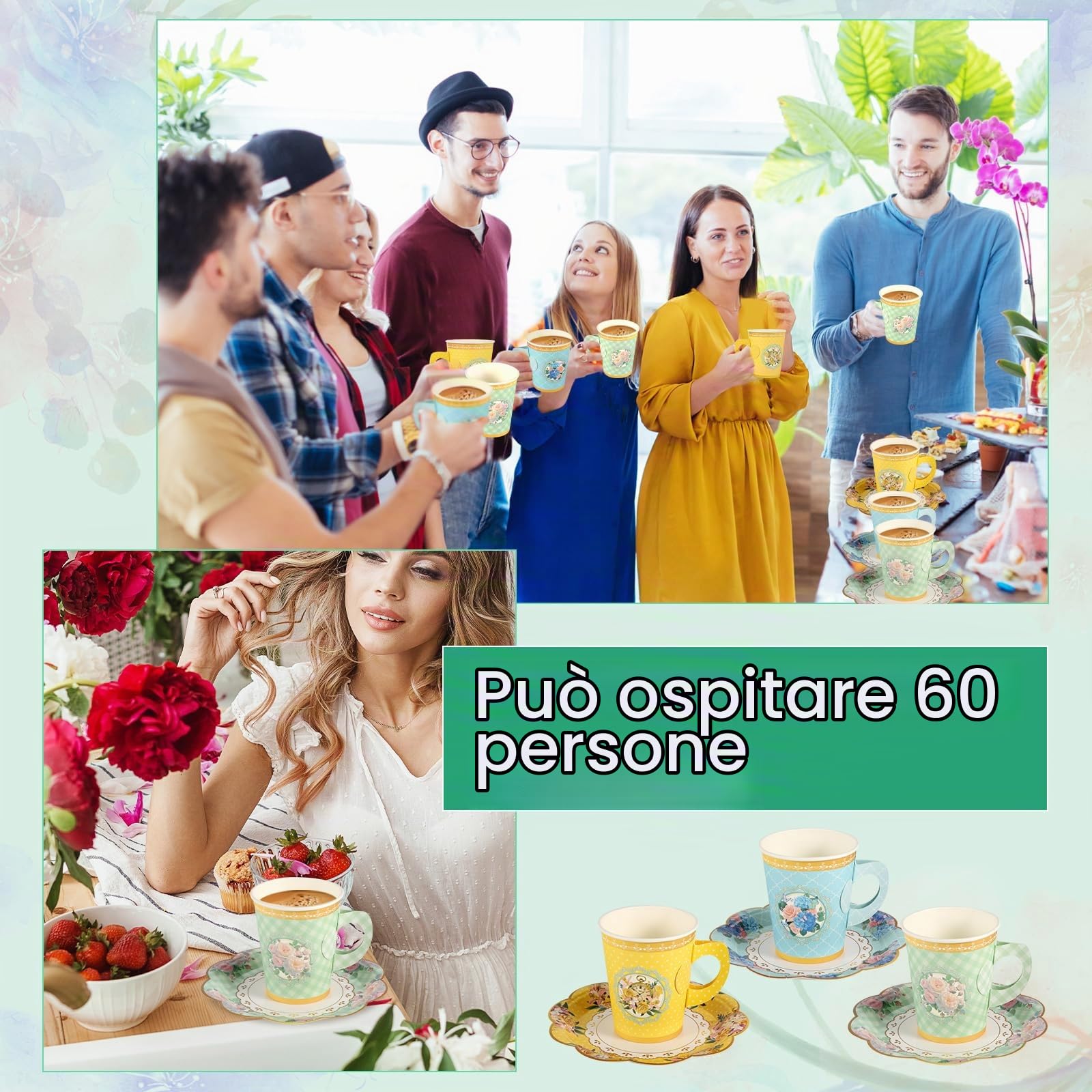 120pz Talking Tables Tazze, Set di Stoviglie Usa e Getta 60 Tazze da tè in Carta con Manico 60 Piattini in Pizzo Stoviglie Floreali per Feste per Ragazze Forniture per Tea Party