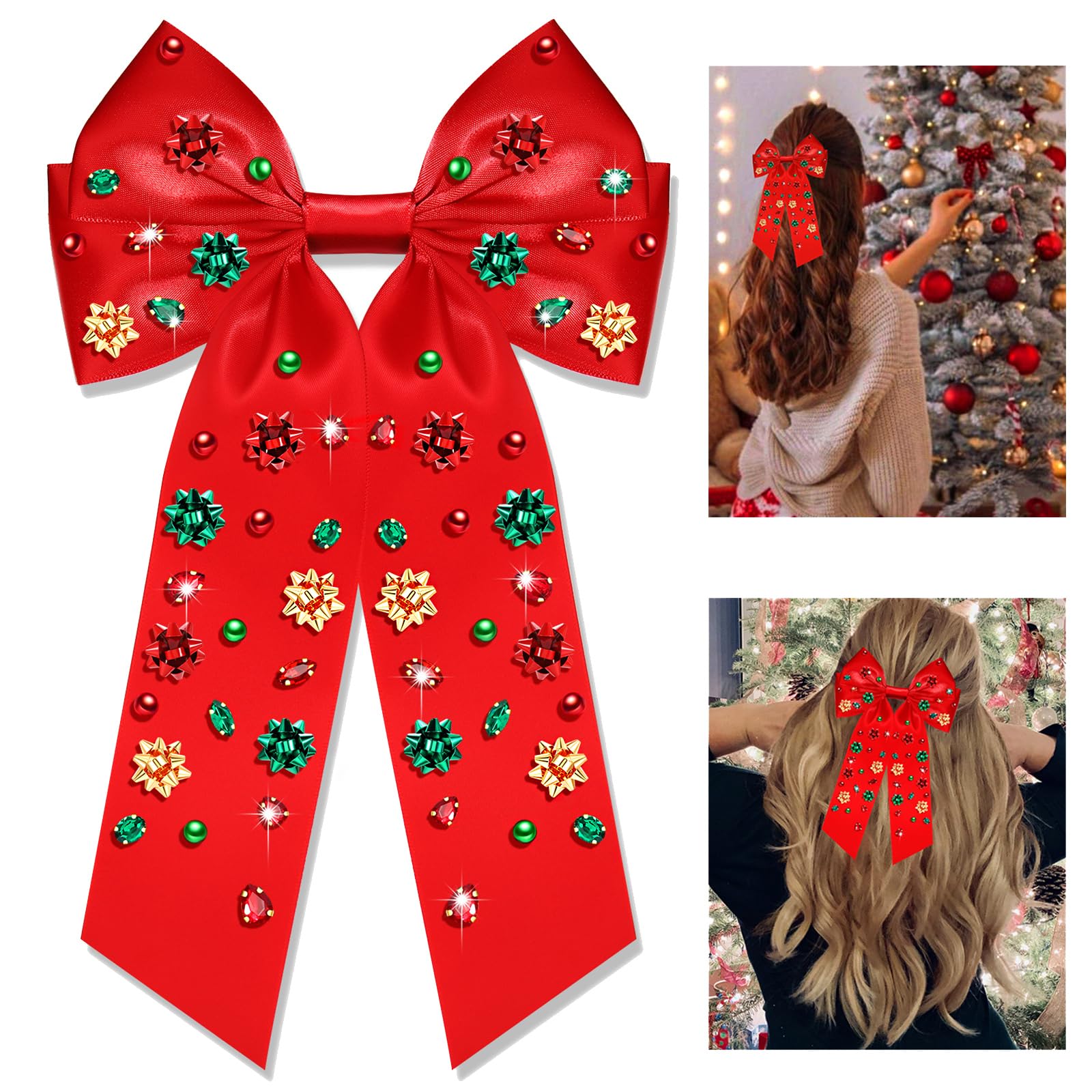 Christmas holiday red satin bow with rhinestone trim - with Barrett clip close - Studded Elegant Satin Bow Clip (Dark Red) – Bella Luxe main image 2