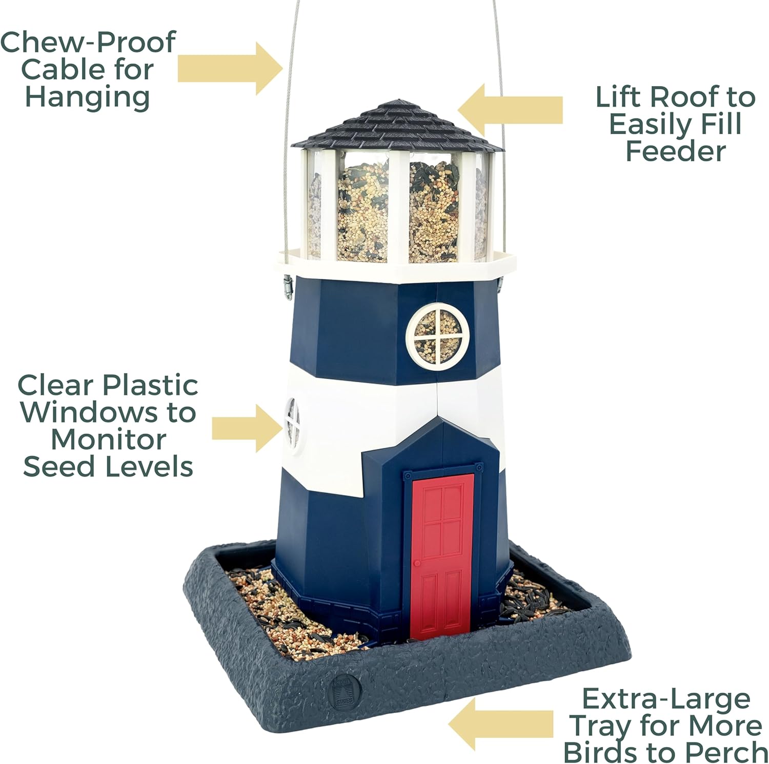 North States Village Collection - Large Nautical Navy Lighthouse Bird Feeder: Hanging Bird Feeder for Outdoors, Holds 8 Pounds of Seed