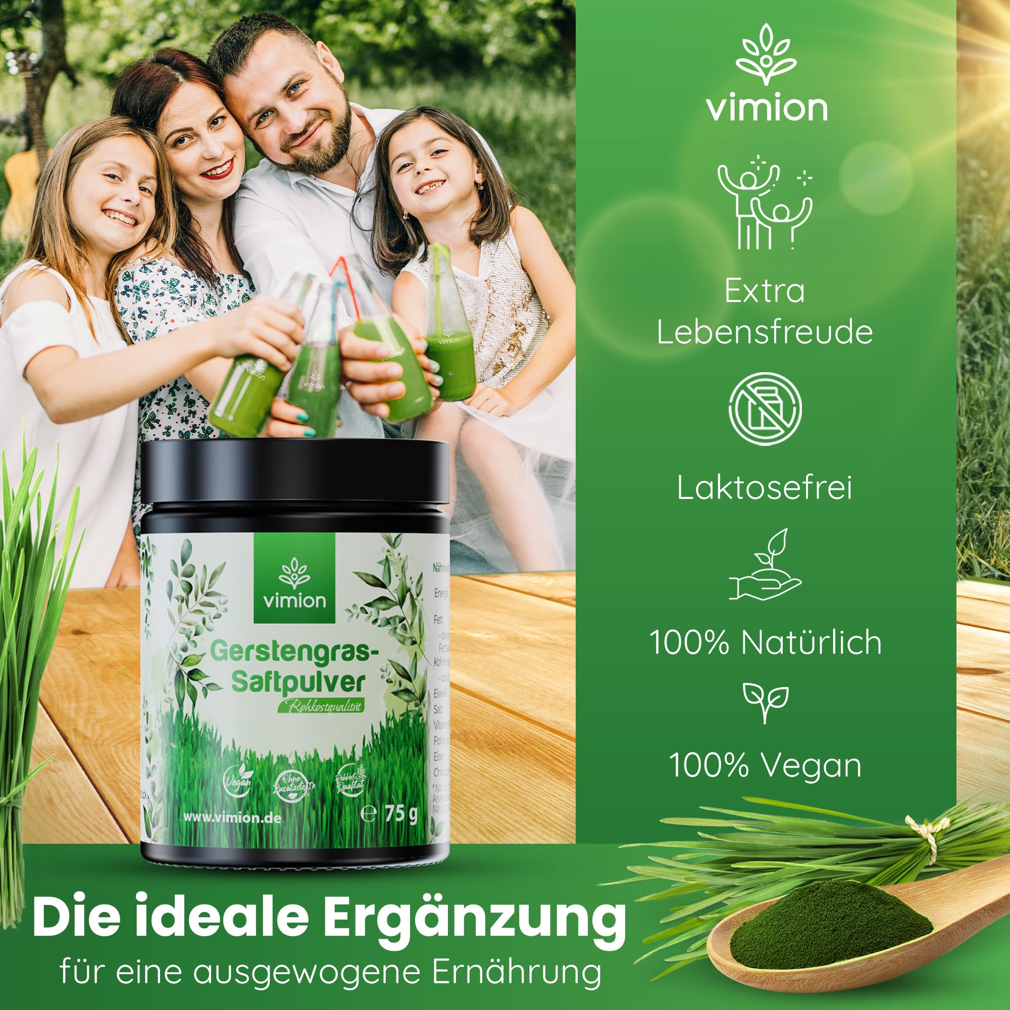 pures Gerstengras-Saftpulver - 75 g Premium-Rohkostqualität - natürlich reich an Eisen, Folsäure, Vitamin K & Chlorophyll - 100% vegan - Green-Superfood - Plastikfrei im Braunglas