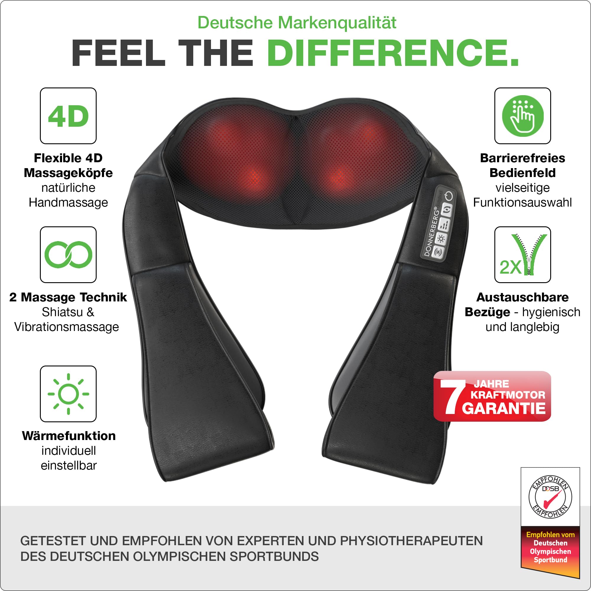 DONNERBERG® Das Original Nackenmassagegerät mit Wärme 7 Jahre Kraftmotor Garantie Shiatsu Massagegerät für Nacken Schulter Massage Vibration TÜV geprüft