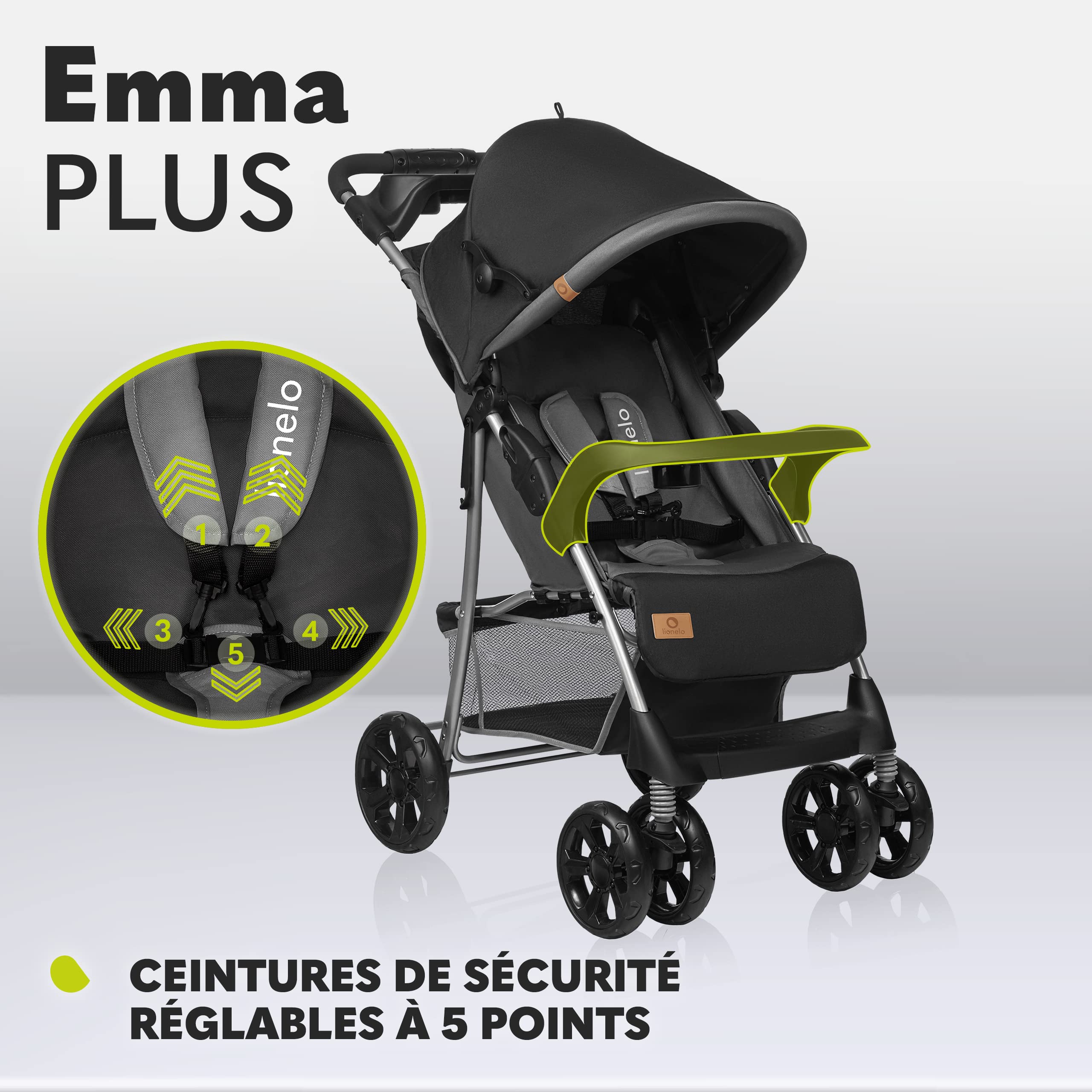 LIONELO Emma Plus poussette bébé 15 kg harnais 5 points pliage rapide amortisseurs sac inclus matelas STONE