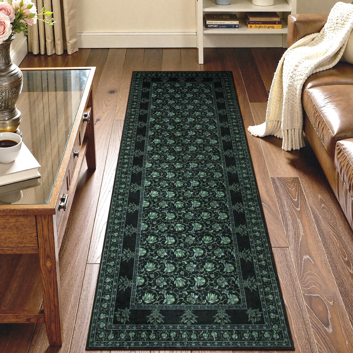Lahome Black Kitchen Runner Rug 2x6, Low Plie Rug Runners for Hallways Non Slip, Vintage Floral Washable Runner for Entryway Laundry Room Bathroom (2'x6', Black/Green) 2' x 6' (Runner) Black
