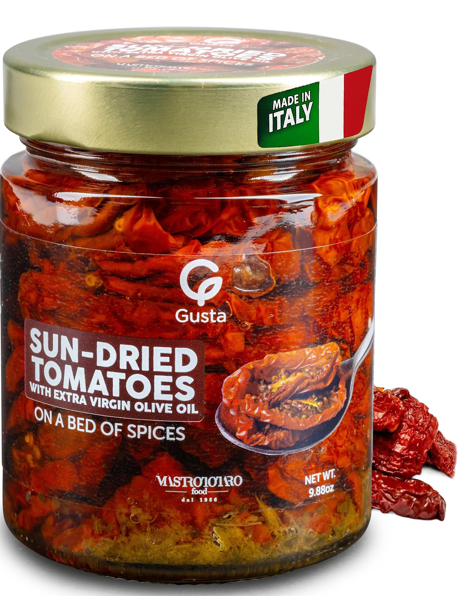 Gusta Sun Dried Tomatoes in Olive Oil on a Bed of Spices - Made in Italy - Organic Sundried Tomato Glass Jar with Extra Virgin Olive Oil - Non-GMO,