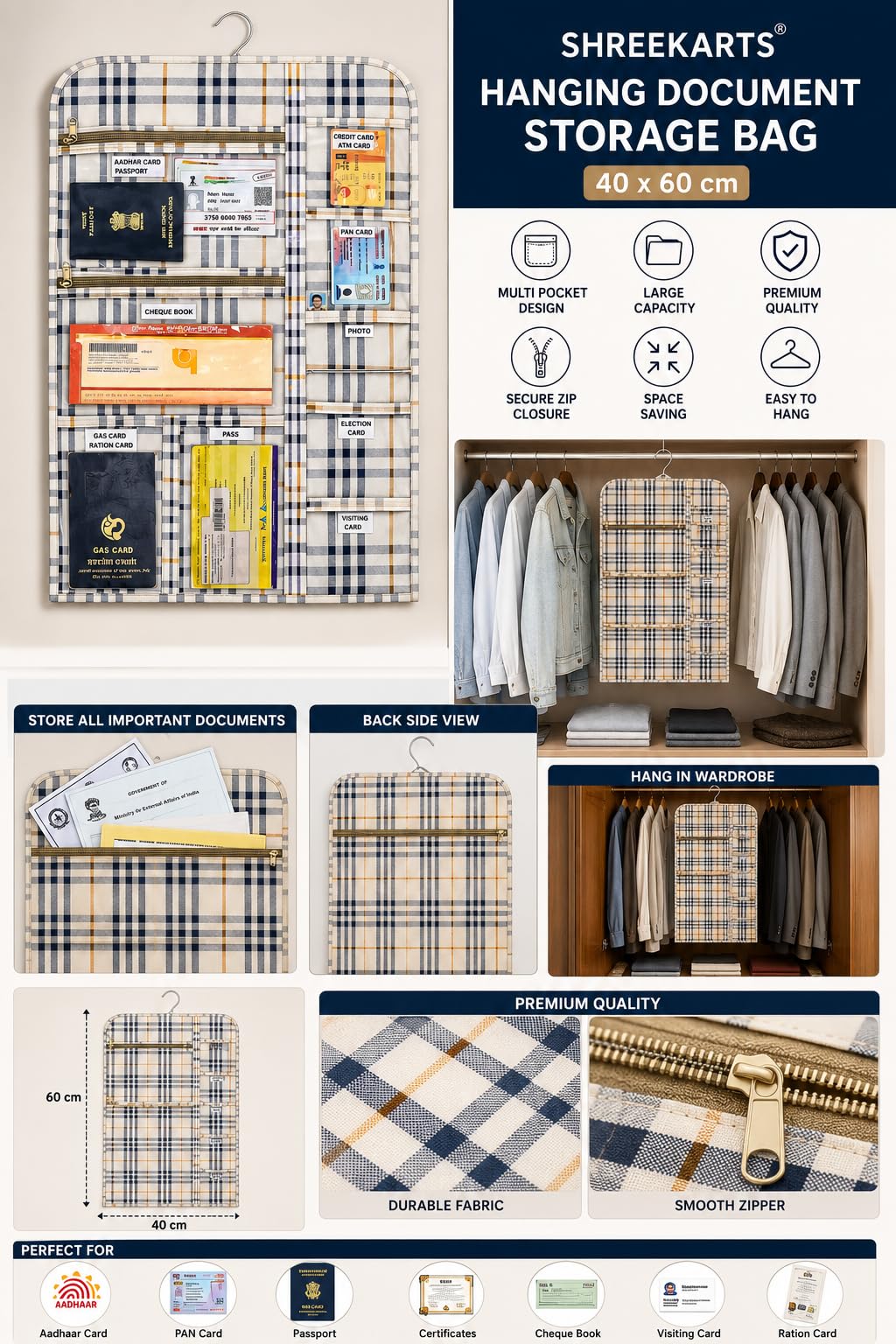 Premium Hanging Document Organizer Bag 60 x 40 cm | 10 Pocket Fabric Holder for Passport, Aadhaar Card, PAN Card, Certificates & Important Documents | Wardrobe Storage Organizer 1