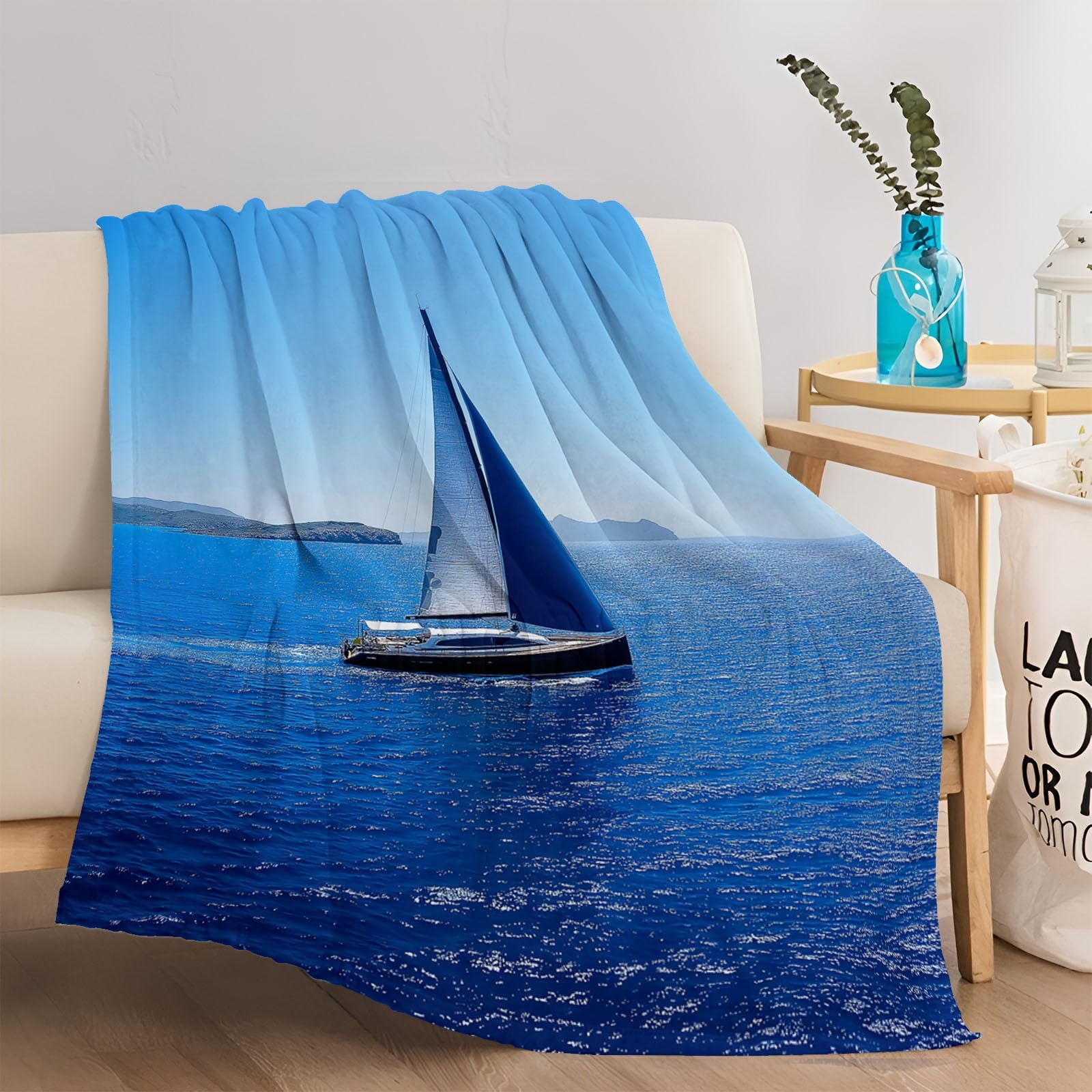 Koc do wtulania się, flanelowy, koc polarowy, 200 x 220 cm, nowoczesny design łodzi żaglowej, niebieski koc do mieszkania dla dzieci, chłopców, dziewczynek, do domu, salonu, dekoracja na kanapę