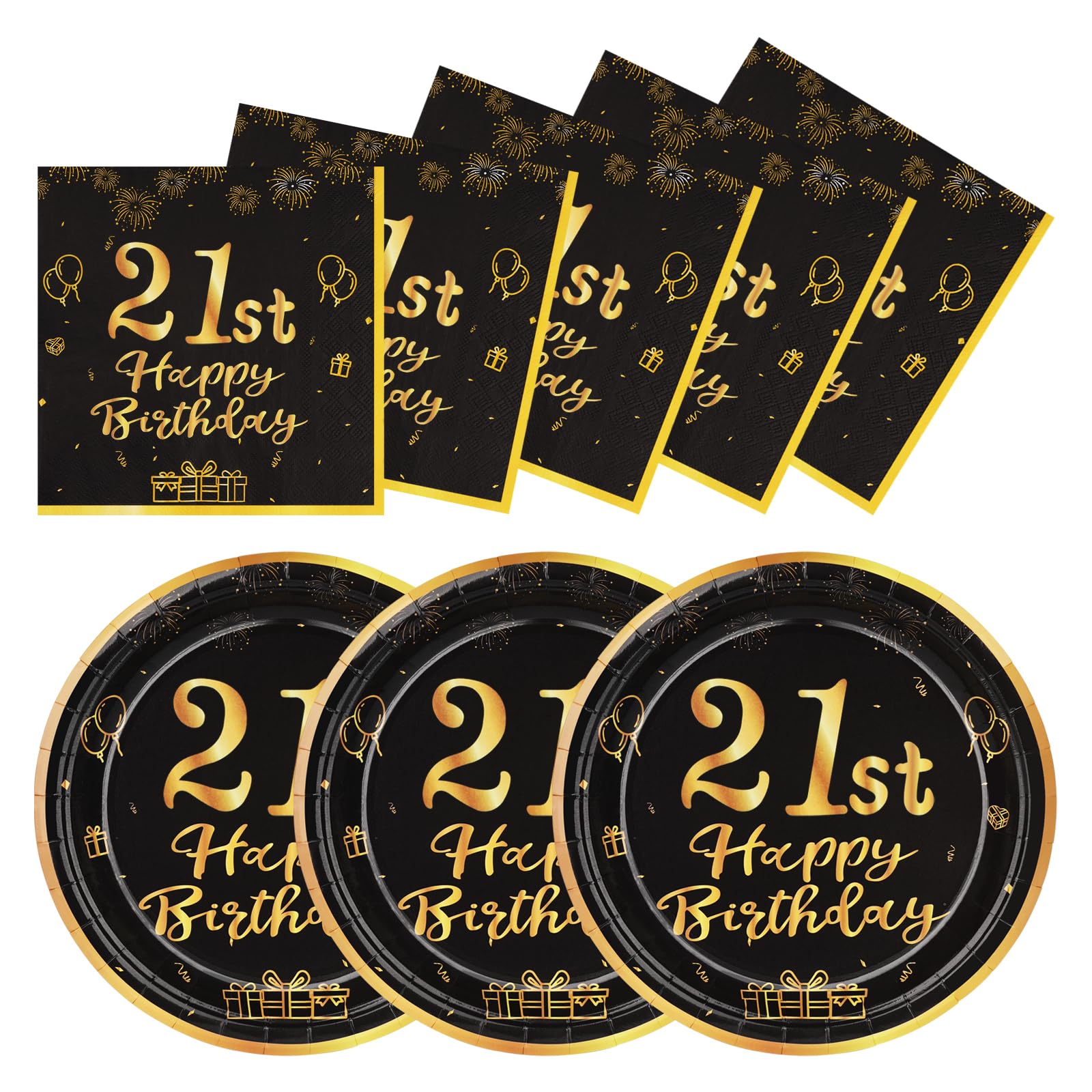 LAWALEISHE 21st Happy Birthday Paper Plates and Napkins, Black Gold 9" Disposable Strong Plates for Parties, 48pcs Party Tableware Set 24 Guests, Birthday Supplies for Table Decorations