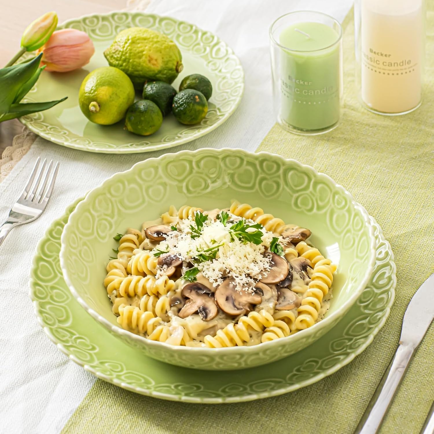 HOMBENE Heartbeat Pasta Bowls Set of 4, 28oz Salad Bowls Soup Bowl for Kitchen, Porcelain Wide and Shallow, Noodle, Soup, Pasta,Dinner, Microwave & Dishwasher Safe (Mint Glow Green)