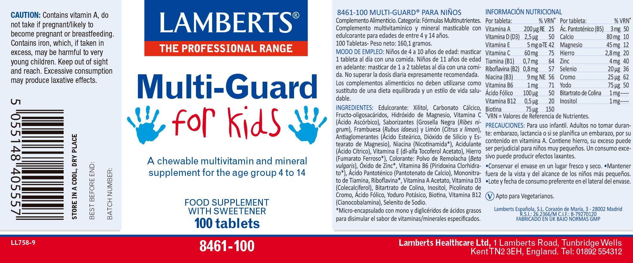 Pack x2 | Lamberts Multi-Guard for Kids, Multivitamínico y Mineral con Vitaminas A, B, C, D, E, Calcio, Magnesio, Zinc, Sabor Grosella Negra y Frambuesa | 100 Tabletas Masticables | LAMBERTS