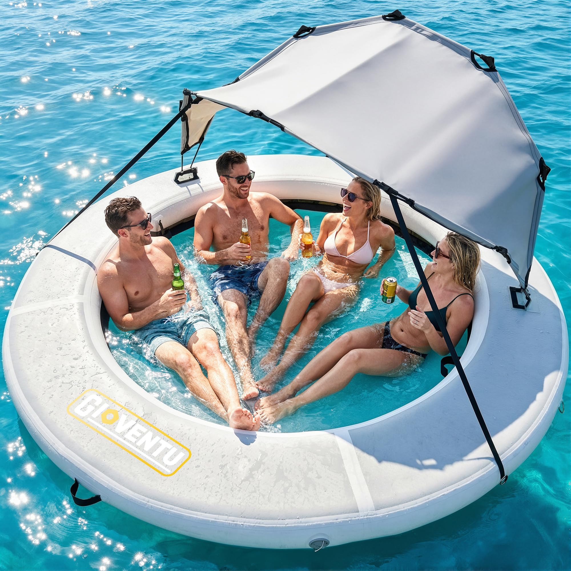 Inflatable Water Hammock, 8FT Lake Float for Adults, 660 LB Capacity, Round Float Ring with Cooling Mesh Center & Removable Shade Canopy, Drop-Stitch Platform for Pool, Lake & River