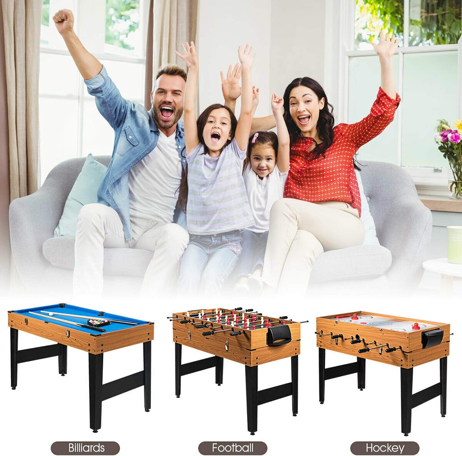 DORTALA 48'' 3-in-1 Multi Game Table, Combo Game Table w/Soccer, Billiard, Slide Hockey, Fun Wooden Game Table for Home, Game Rooms, Arcades, Bars, Parties, Family Night
