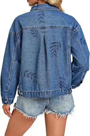 SCOFEEL Womens Denim Jacket Oversized Washed Long Sleeve Button Down Leaf Printed Loose Jean Jackets Coat with Pockets