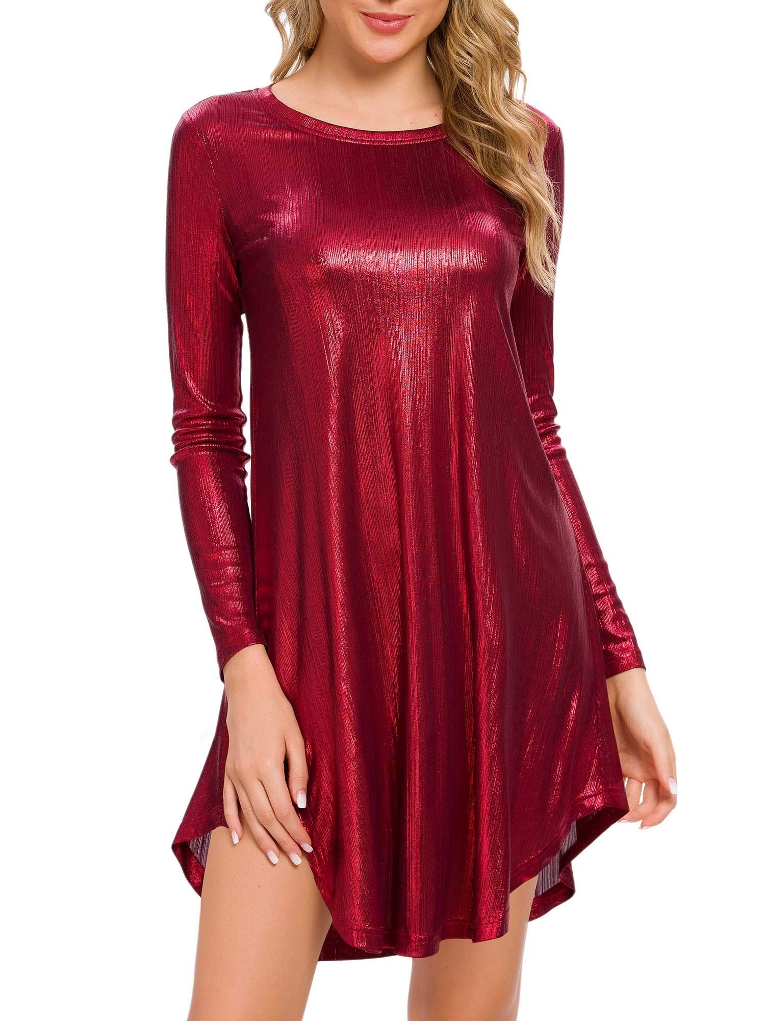 Womens Long Sleeve Glitter Loose Swing Party Dress