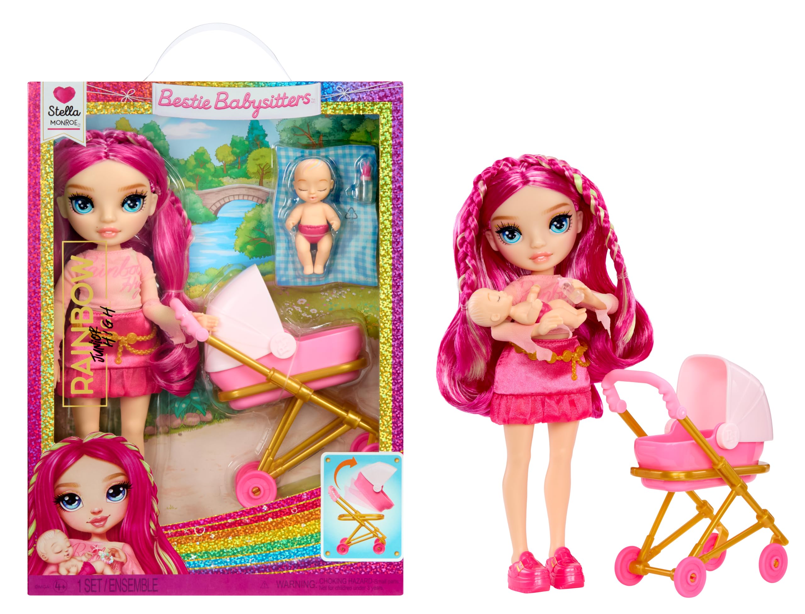 Rainbow High Jr. High Bestie Babysitters – Stella Monroe, 23cm Bambola | Include bambola bebè, passeggino funzionante, navicella rimovibile, biberon, pettine, vestiti e accessori, dai 4 ai 12+ anni