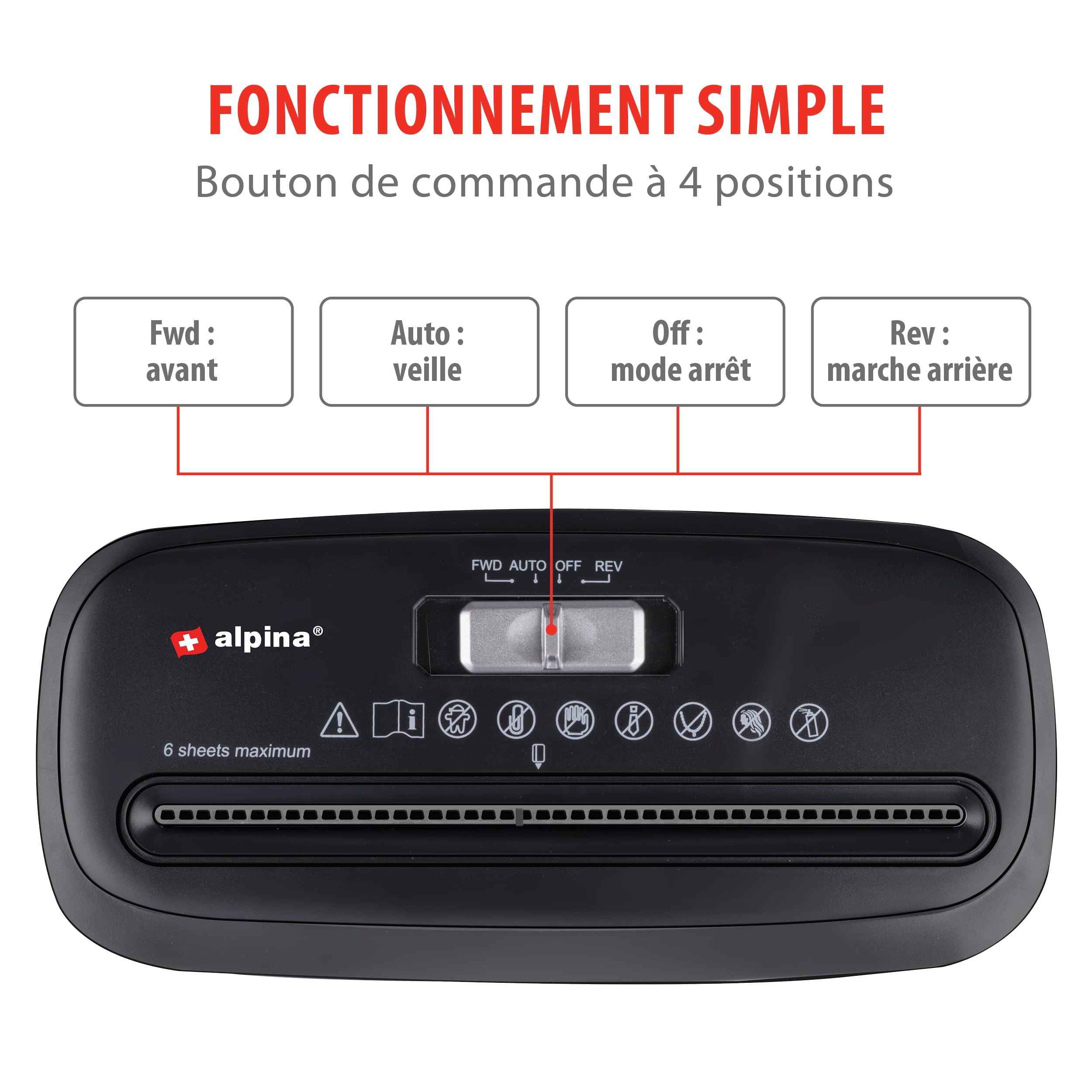 Alpina Destructeur de Documents Papier 6 Feuilles A4 Bac 10L 190W Noir