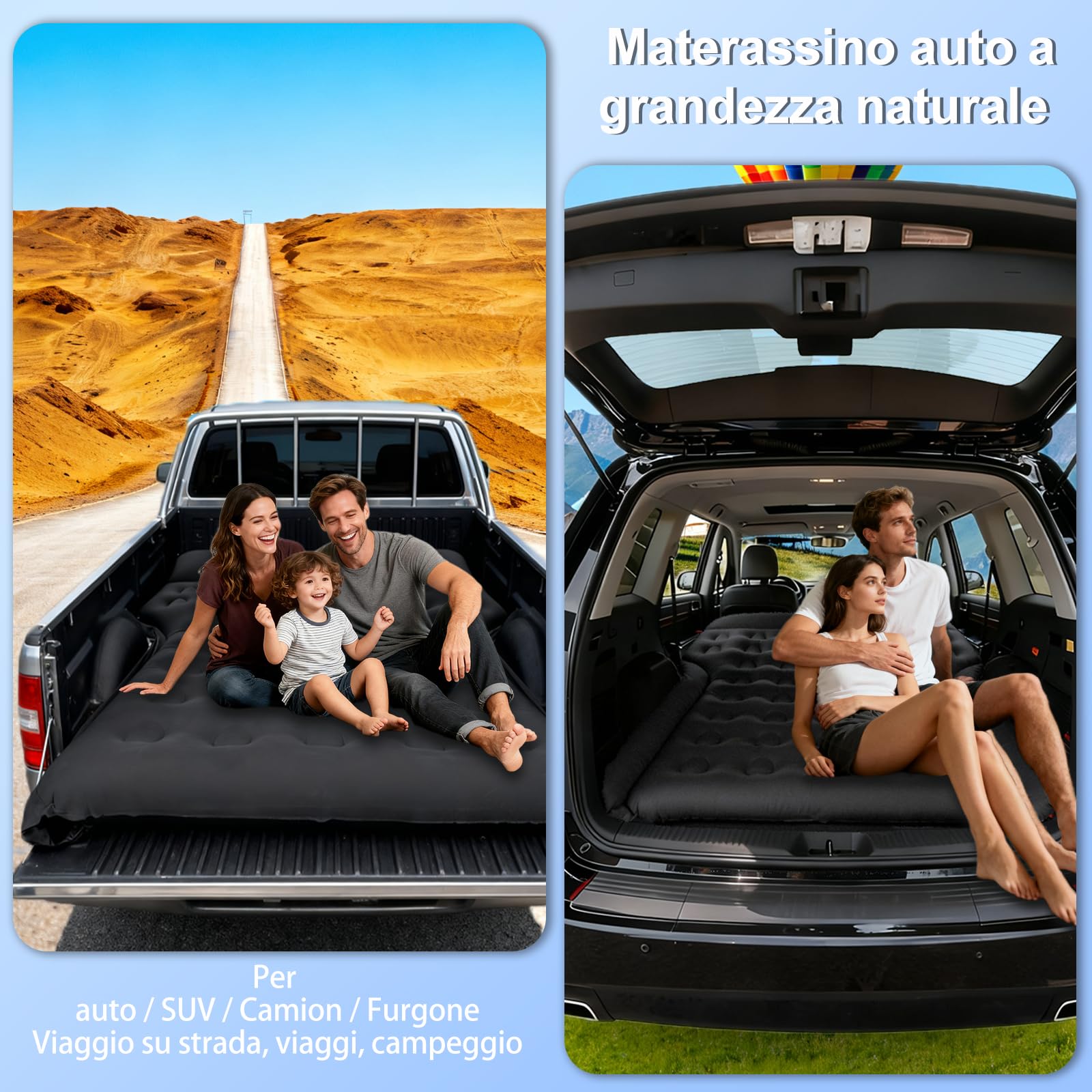 Materasso Auto, Universale Materasso ad aria per SUV MPV VAN nel bagagliaio 185x140x20cm, Mmaterasso Gonfiabile Auto Portatile e Comodo Campeggi Letto per Viaggi, Attività Interne ed Esterne (Nero)