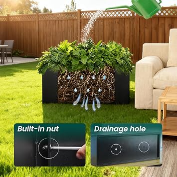 Galvanized Steel Metal Planter Rectangular Indoor 32 L x 16 W x 16 H Black Planter Box Rectangule Planter Large Outdoor Planters Steel Commercial Residential for Plants, Yard, Patio, Garden
